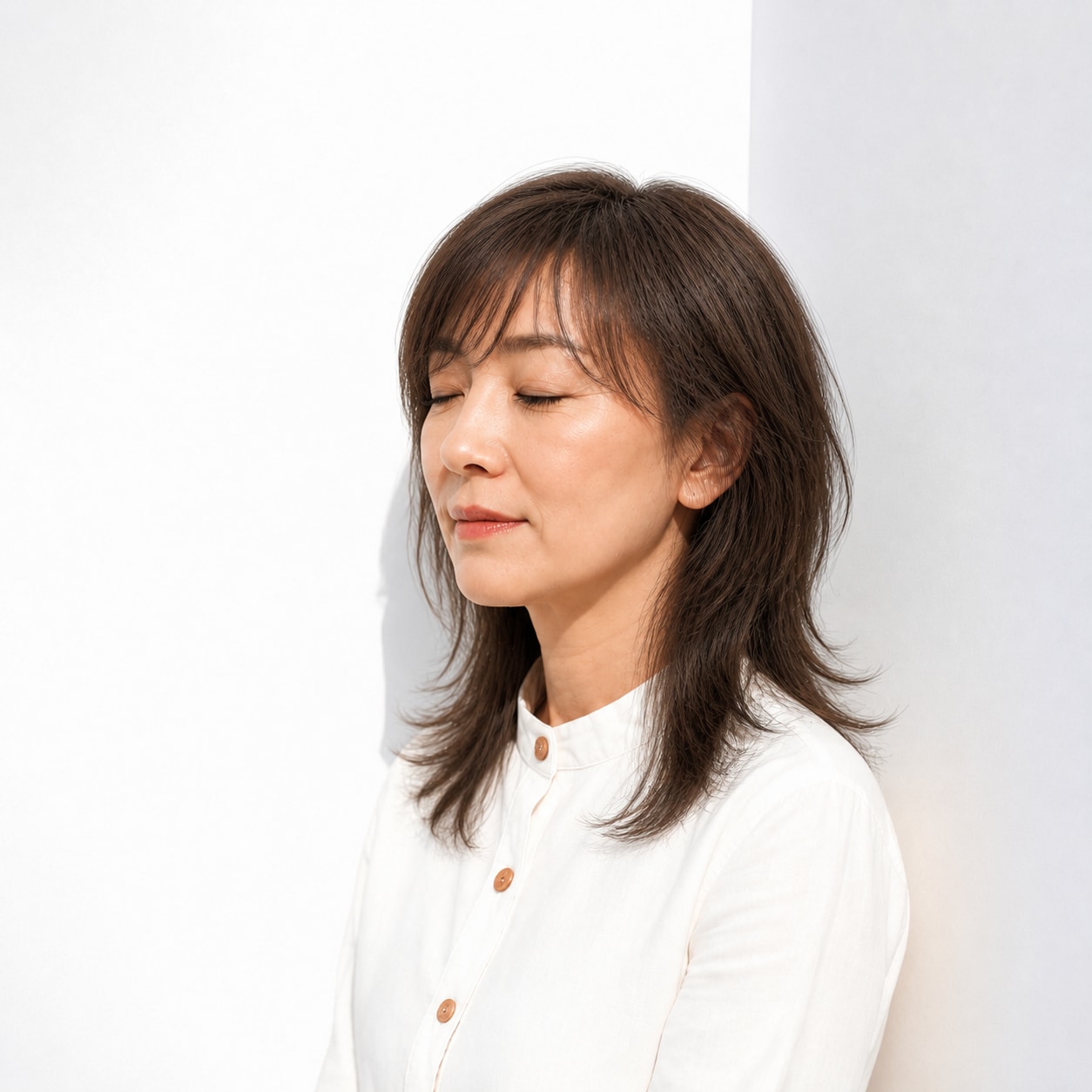 7. ウルフカット × セミロング・ロング × 流し前髪：顔まわりを上品に