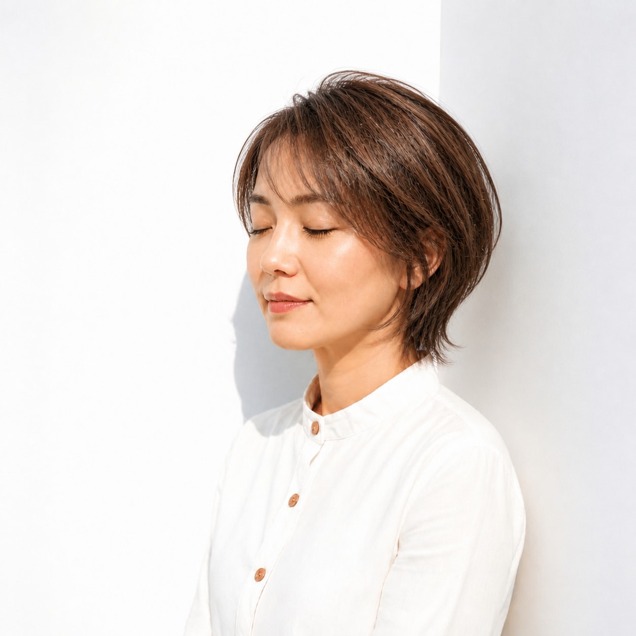 7. ウルフボブ × 暖色ブラウン：40代にやさしい格好よさを