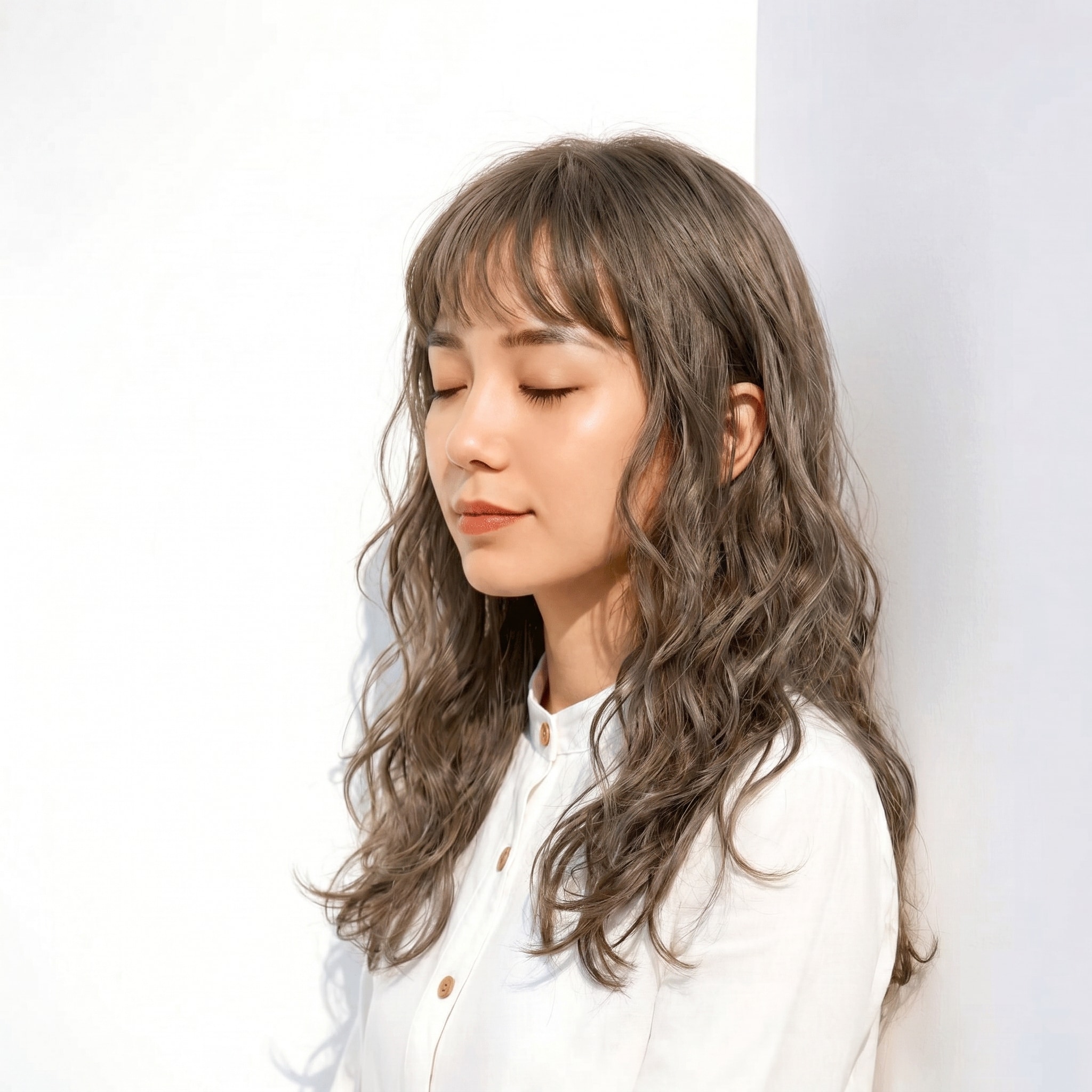 7. グレーベージュ×透明感: レイヤーの陰影を引き立てるしっとりカラー