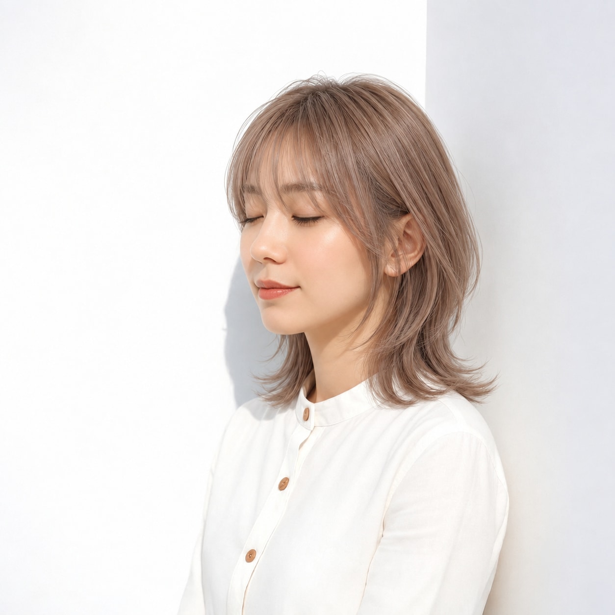 7. クラゲウルフ × ミディアム × 表面を短くした二段シルエット：上は丸く下は軽く見え、ウルフ特有の差が伝わります