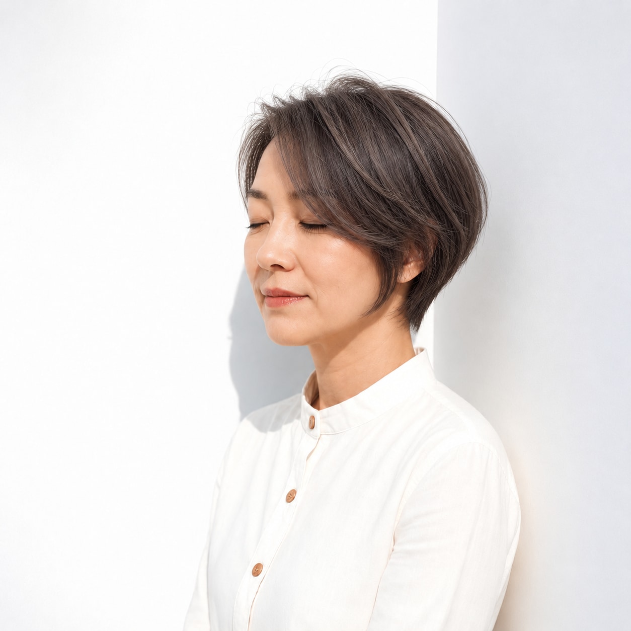 7. グレーブラウン × 丸みショート：深さを残して端正に