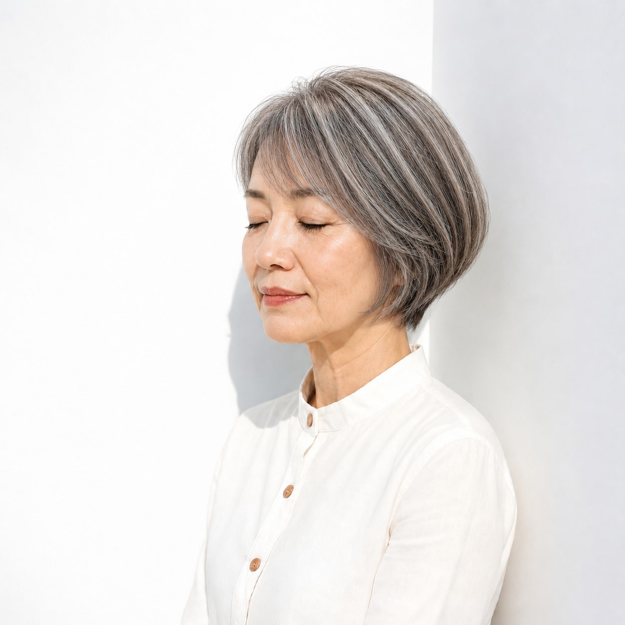 4. グレーヘアショートボブ × 薄め前髪：ふんわり優しい丸みに
