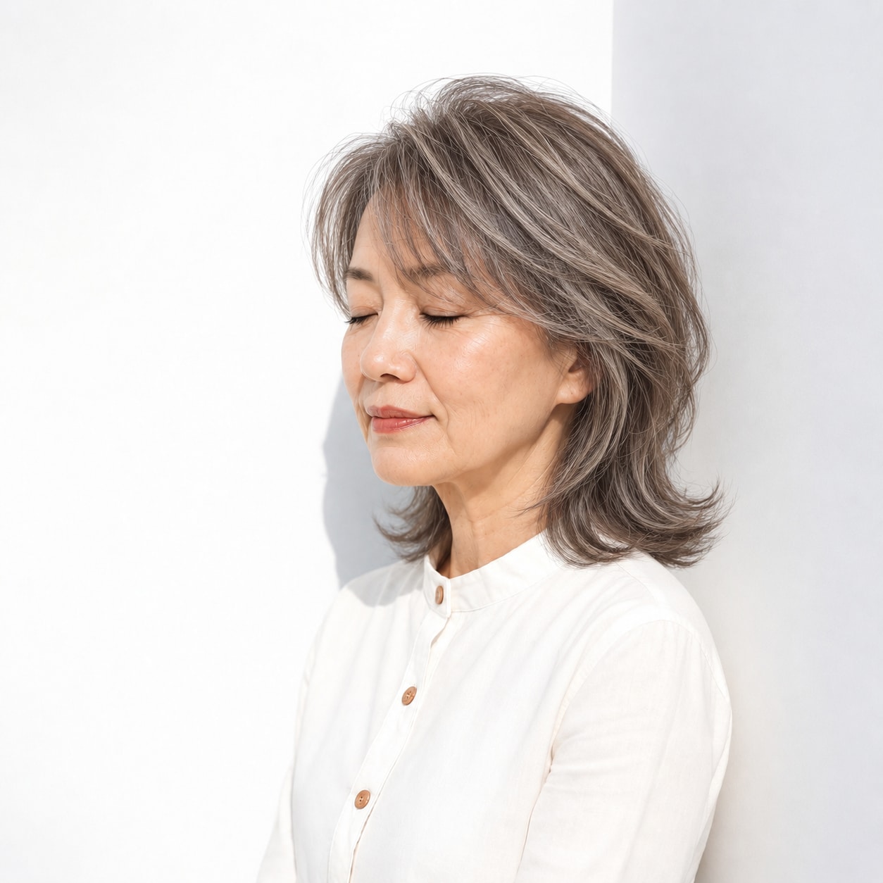 3. グレーヘアミディアム × レイヤー：毛流れで軽やかに