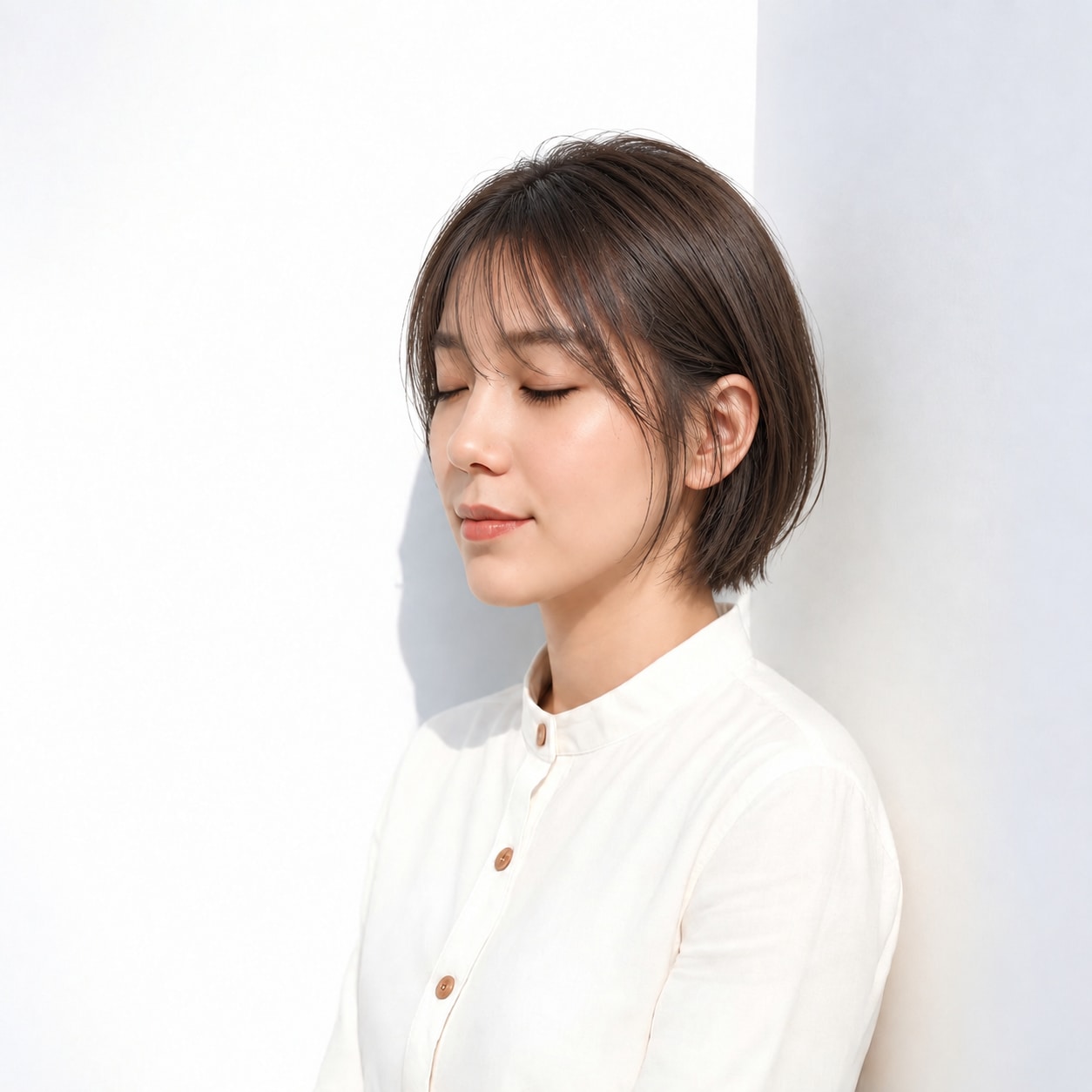 7. コンパクトボブ × ダークブラウン：小さな丸みと軽い前髪の好バランス