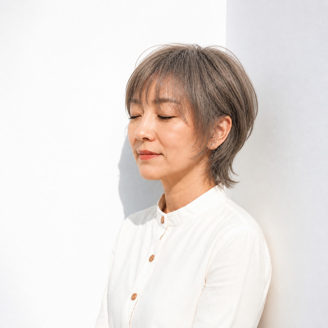 7. ショートウルフ × グレーハイライト：50代に自然な立体感を