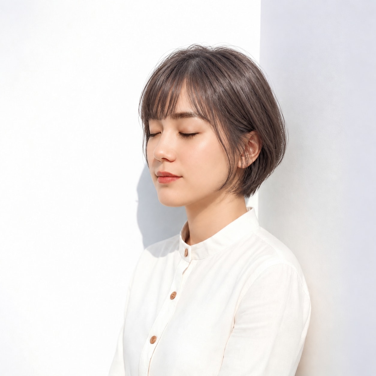 7. ショートボブ × アッシュブラウン：細い顔まわりでさりげなく調整