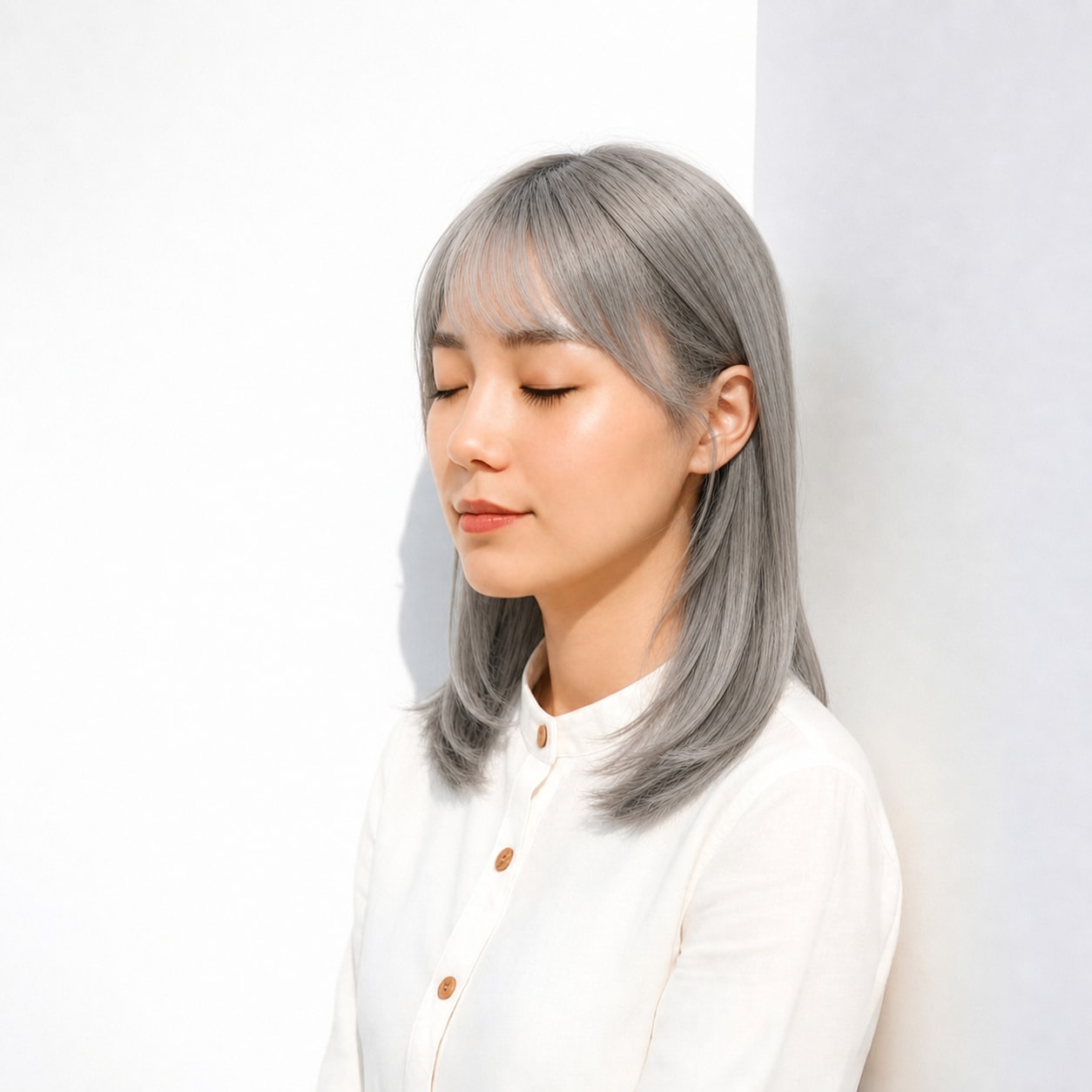7. シルバーアッシュ×ストレートミディアム: シルバーのツヤでサイドの毛流れが引き立つ