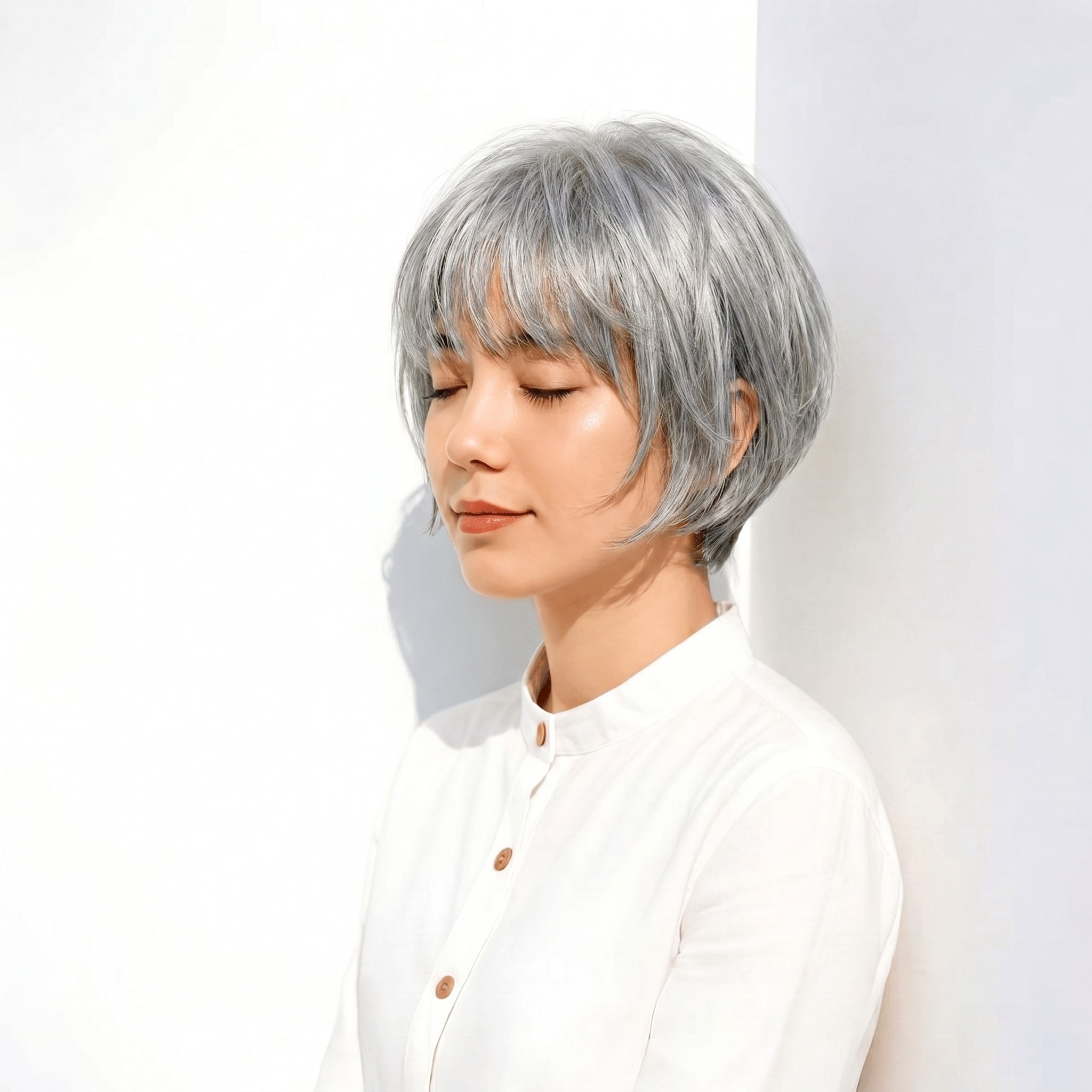 7. シルバーグレー×ショートボブ: 丸みを活かした上品な仕上がり