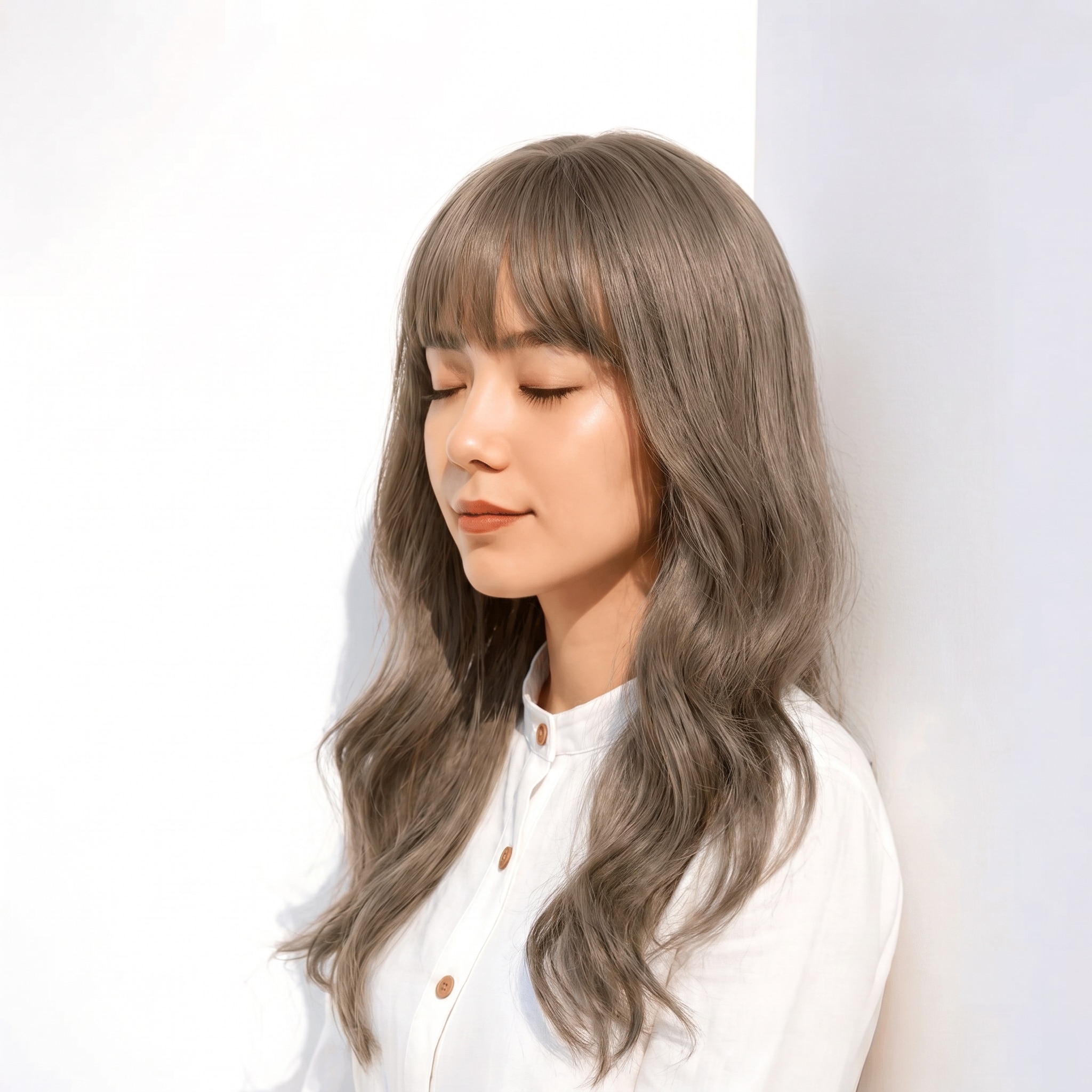 7. シルバーグレージュ×ウェーブロング: ベージュを含む明るさで肌になじみやすい