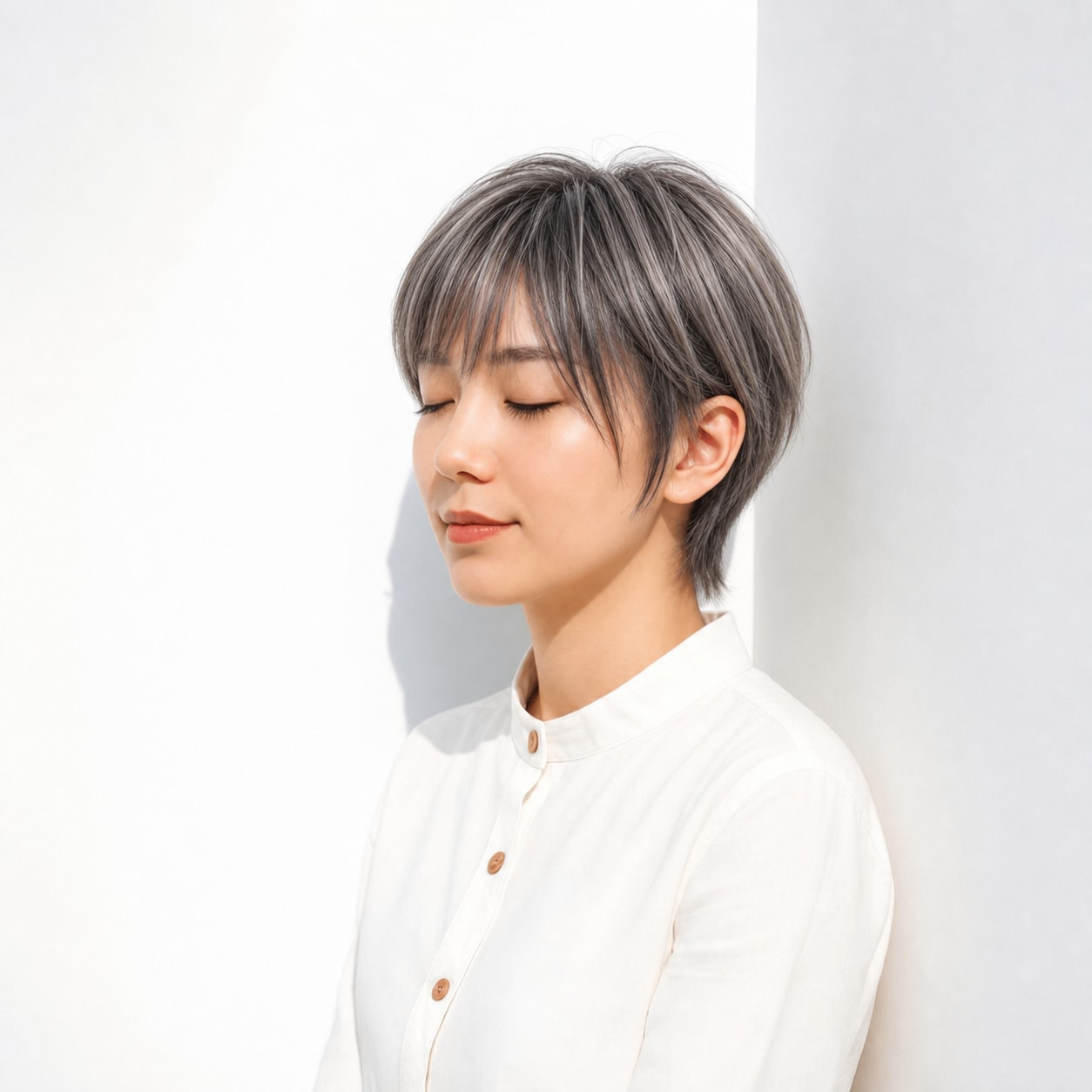 7. シルバーメッシュ×コンパクトショートボブ: 直線的なボブにシルバーのラインでシャープさが出る