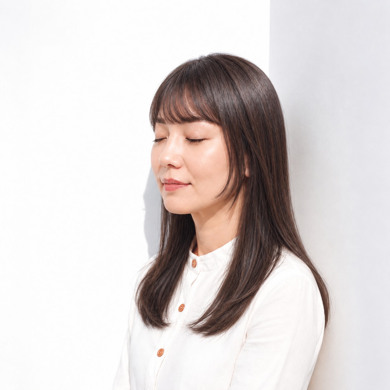 2. ストレートセミロング × 前髪あり：毛先のまとまりでツヤが引き立つ
