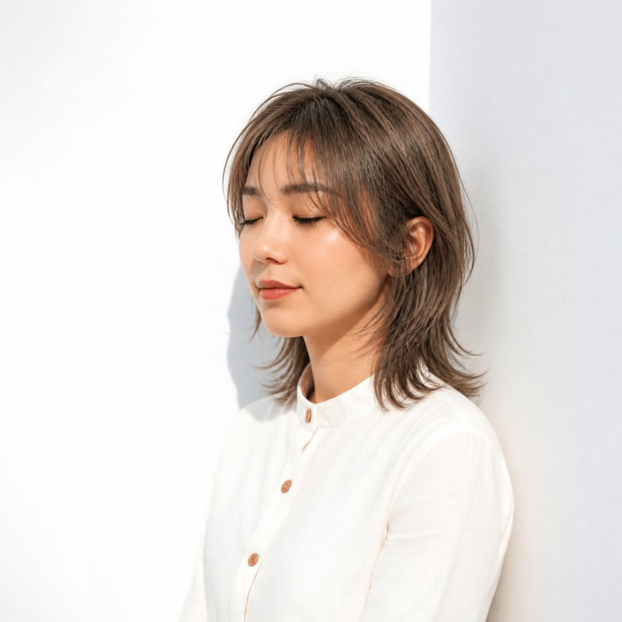 7. セミロングウルフ × ナチュラルレイヤー：自然にまとまる