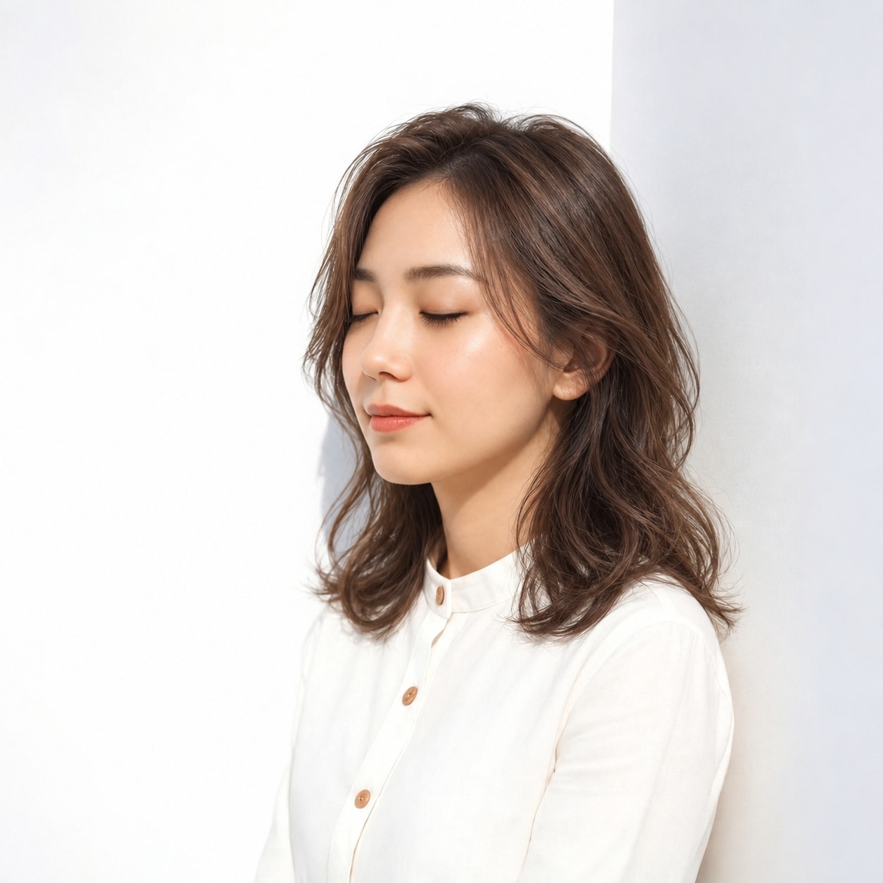 7. セミロングパーマ × ゆるめ × 外ハネカール：首元に空間ができ、短いレングスでも軽快に見えます