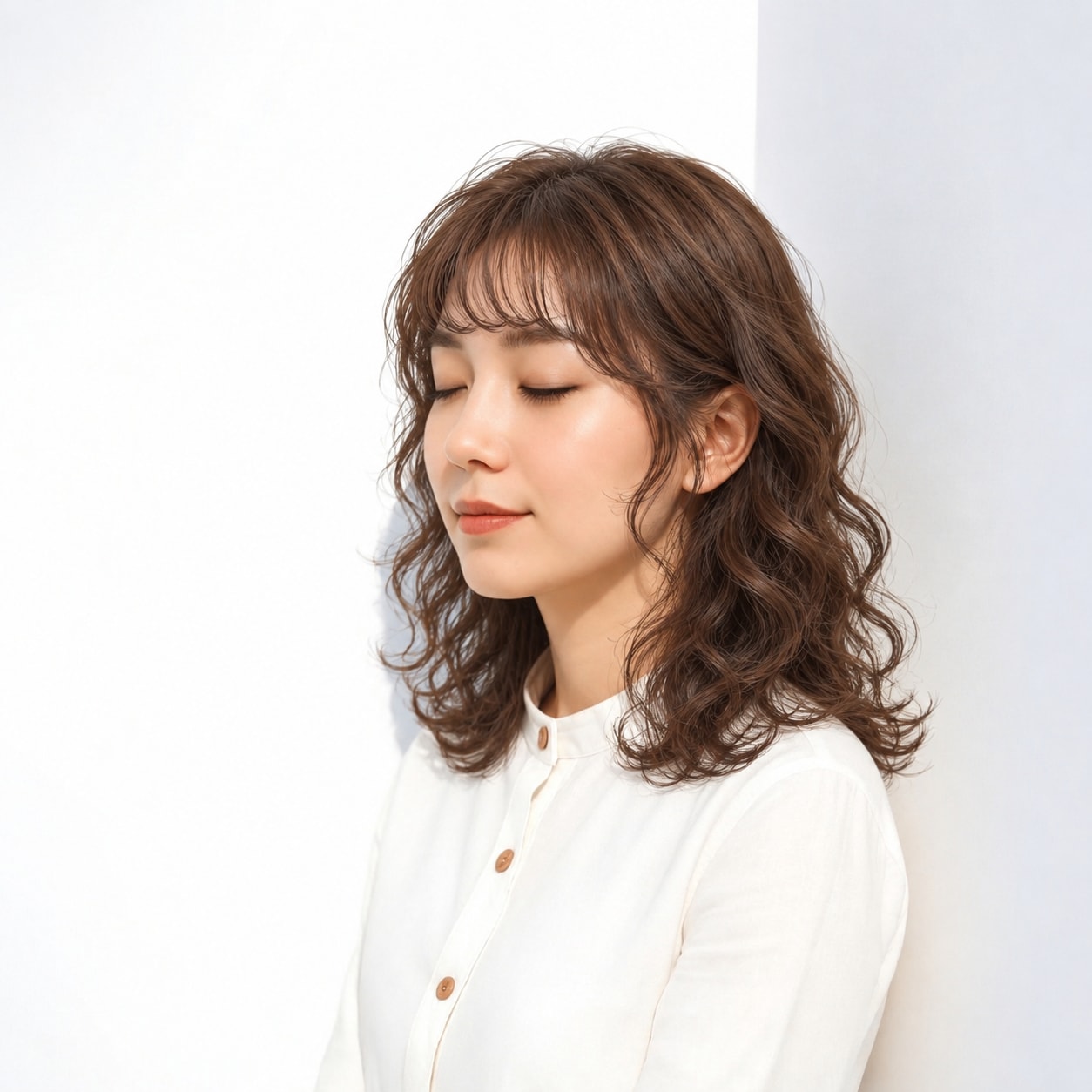 7. セミロングパーマ × 強め × 波巻きパーマ：面が一枚に見えず、自然な立体感が生まれます