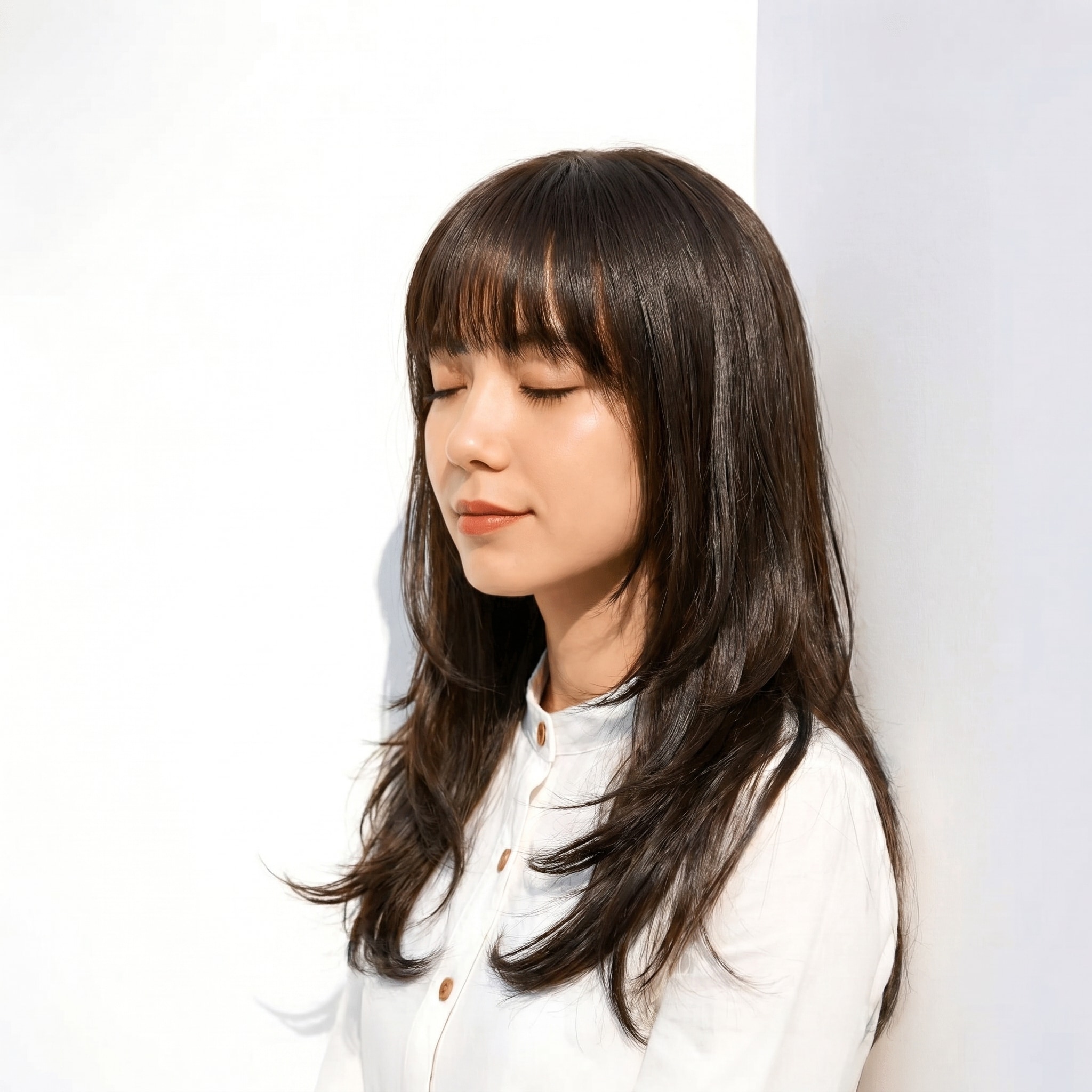 7. ダークグレー×ツヤ感: 厚めフルバングで上品なセミロングスタイル