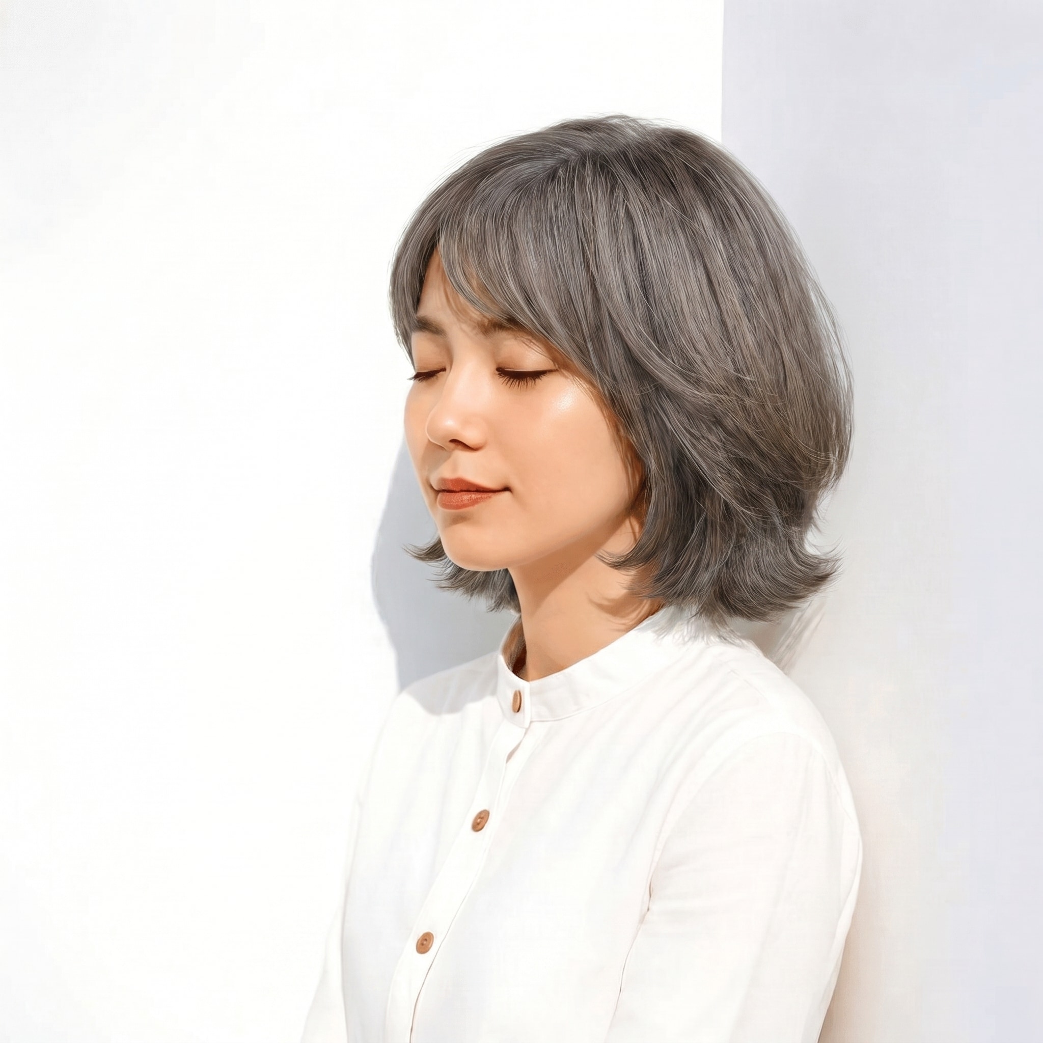 7. ダークグレージュ×レイヤーボブ: 青みがかった色みで立体感を演出