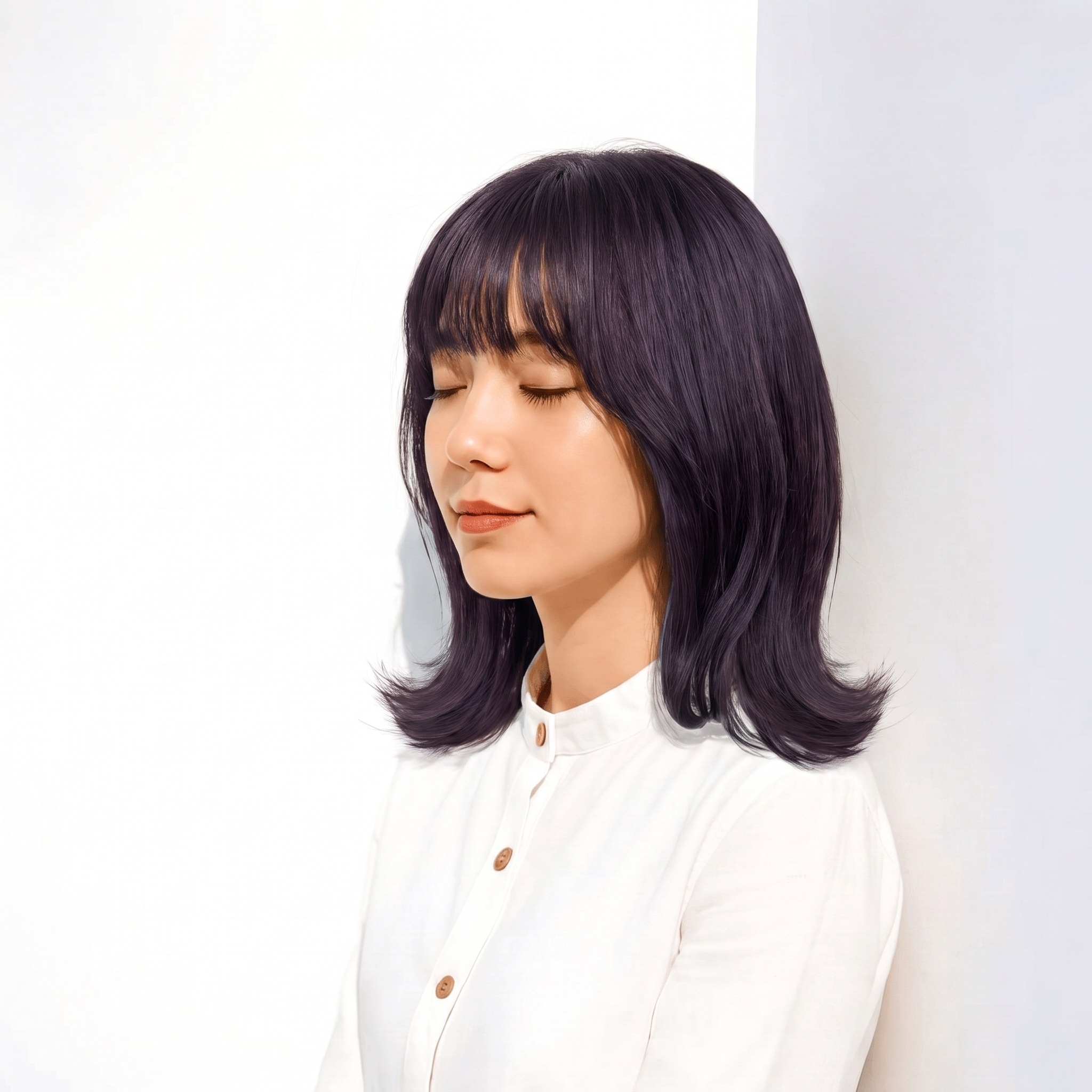 7. ダークバイオレット×ブリーチなし×外ハネボブ: 深い寒色で外ハネボブがすっきりした印象になる