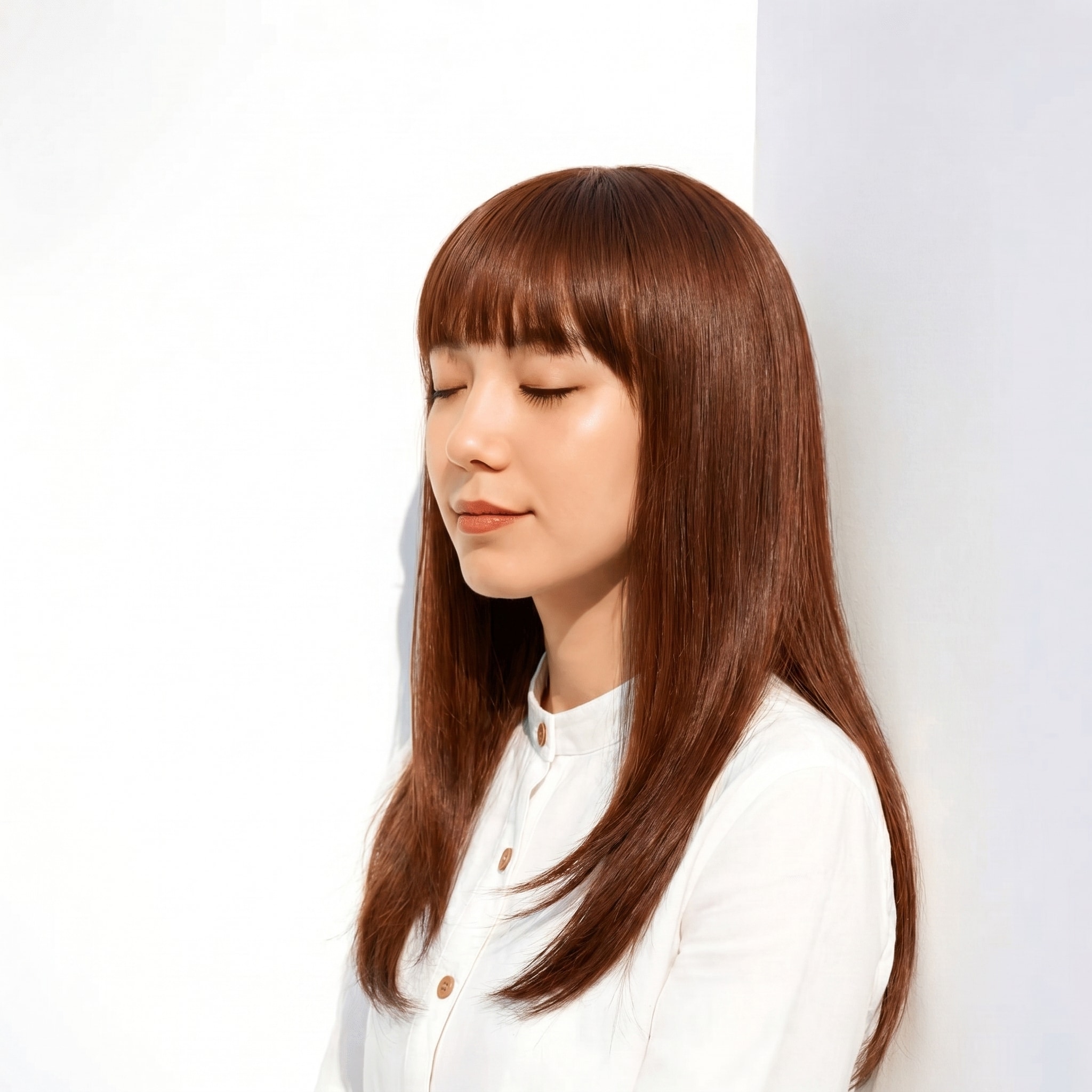 7. ダークピンク×甘めブラウン×光を拾う髪色: 明るさを抑えても、ツヤで印象をしっかり変えられる