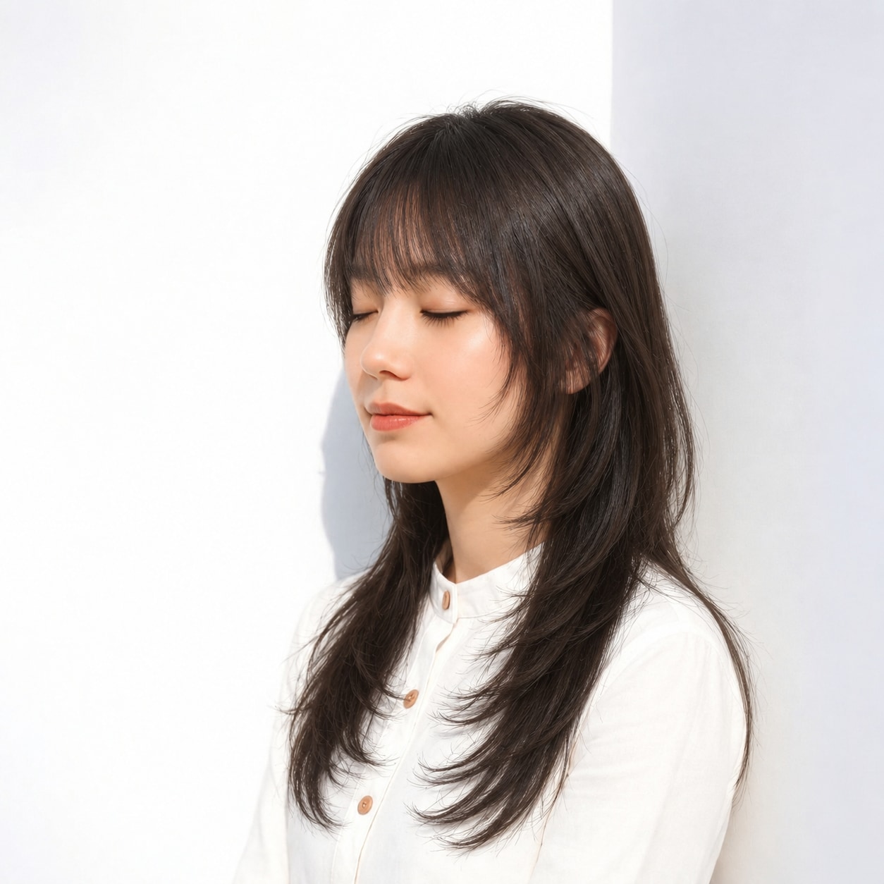 7. ダークロング × 軽めレイヤー：細い毛先でラフな表情に