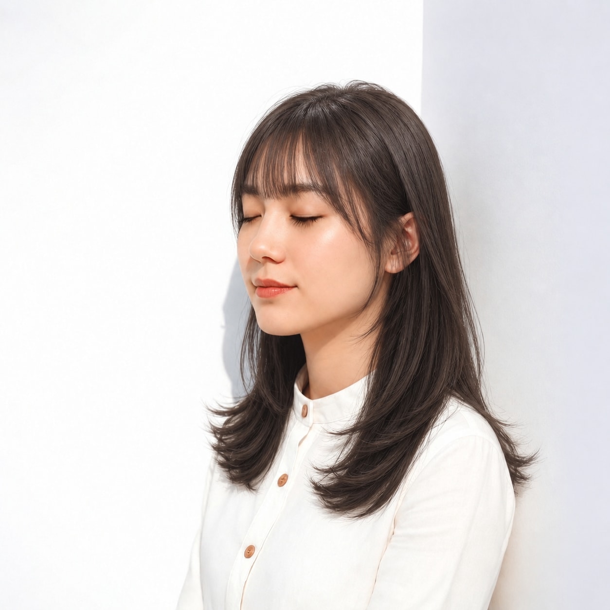 7. ダークロング × 顔まわりレイヤー：細い毛先で軽く縁取る