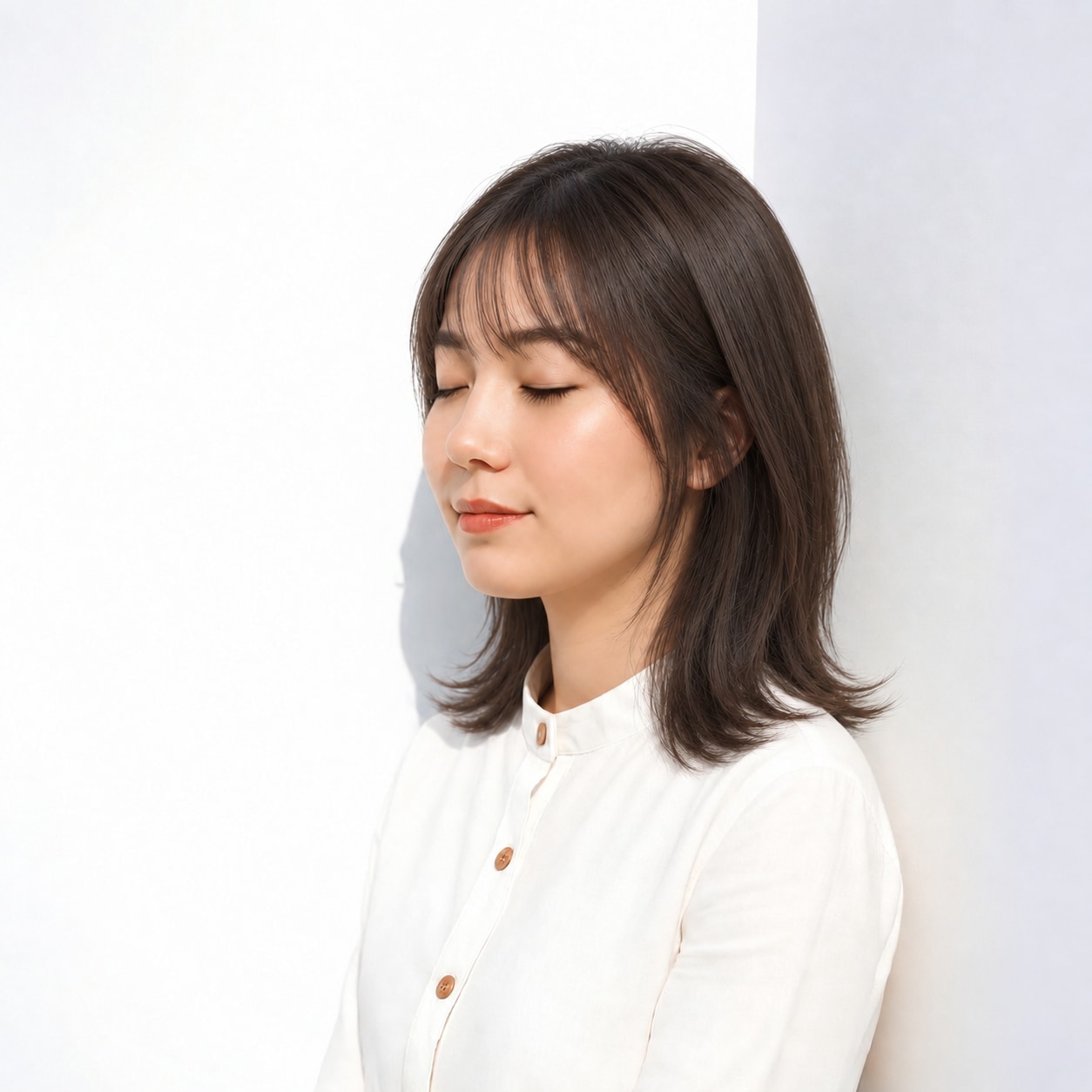 7. ナチュラルミディアム × ダークブラウン：透ける前髪で穏やかな抜け