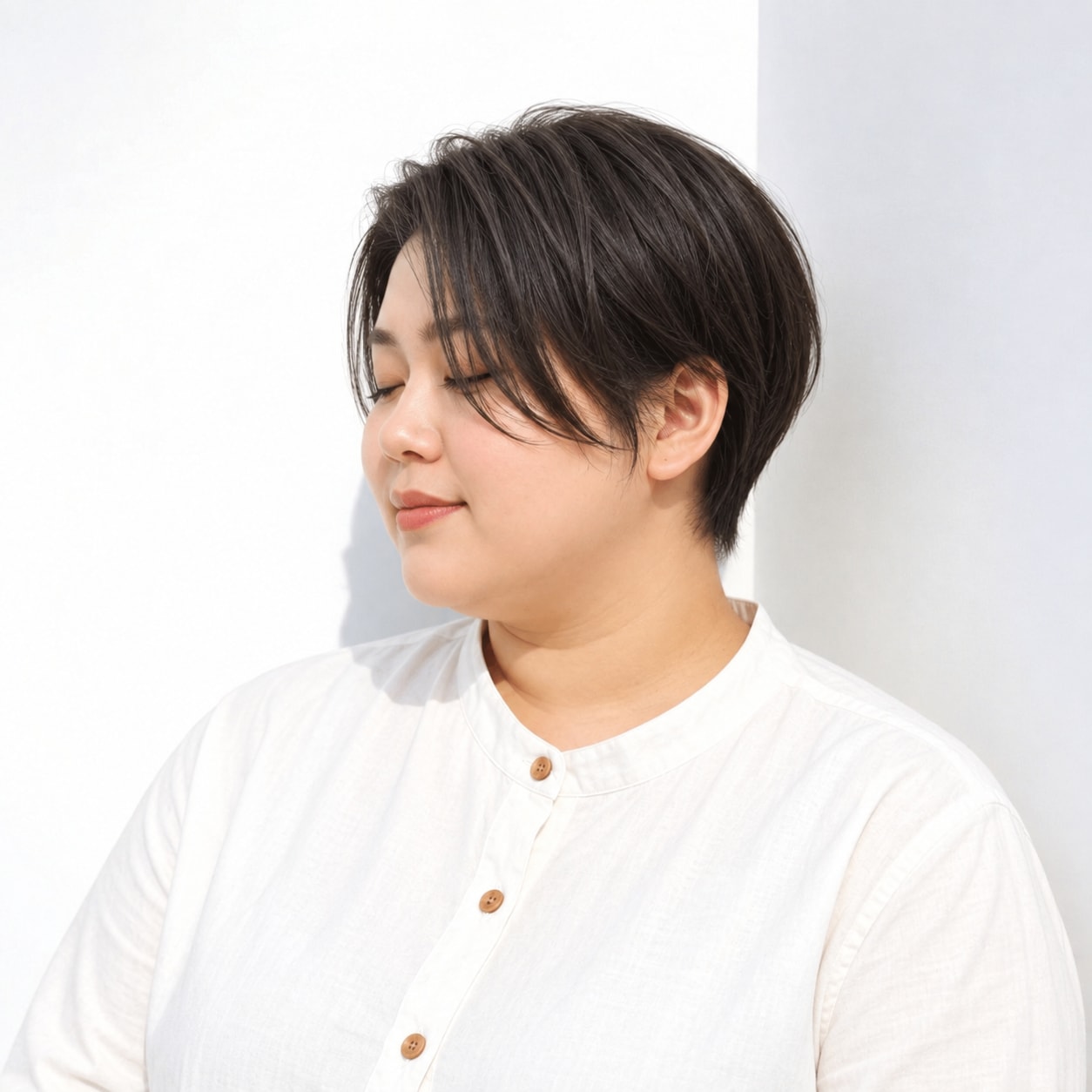 目元にかかる束感前髪と短い襟足の暗髪ハンサムショート