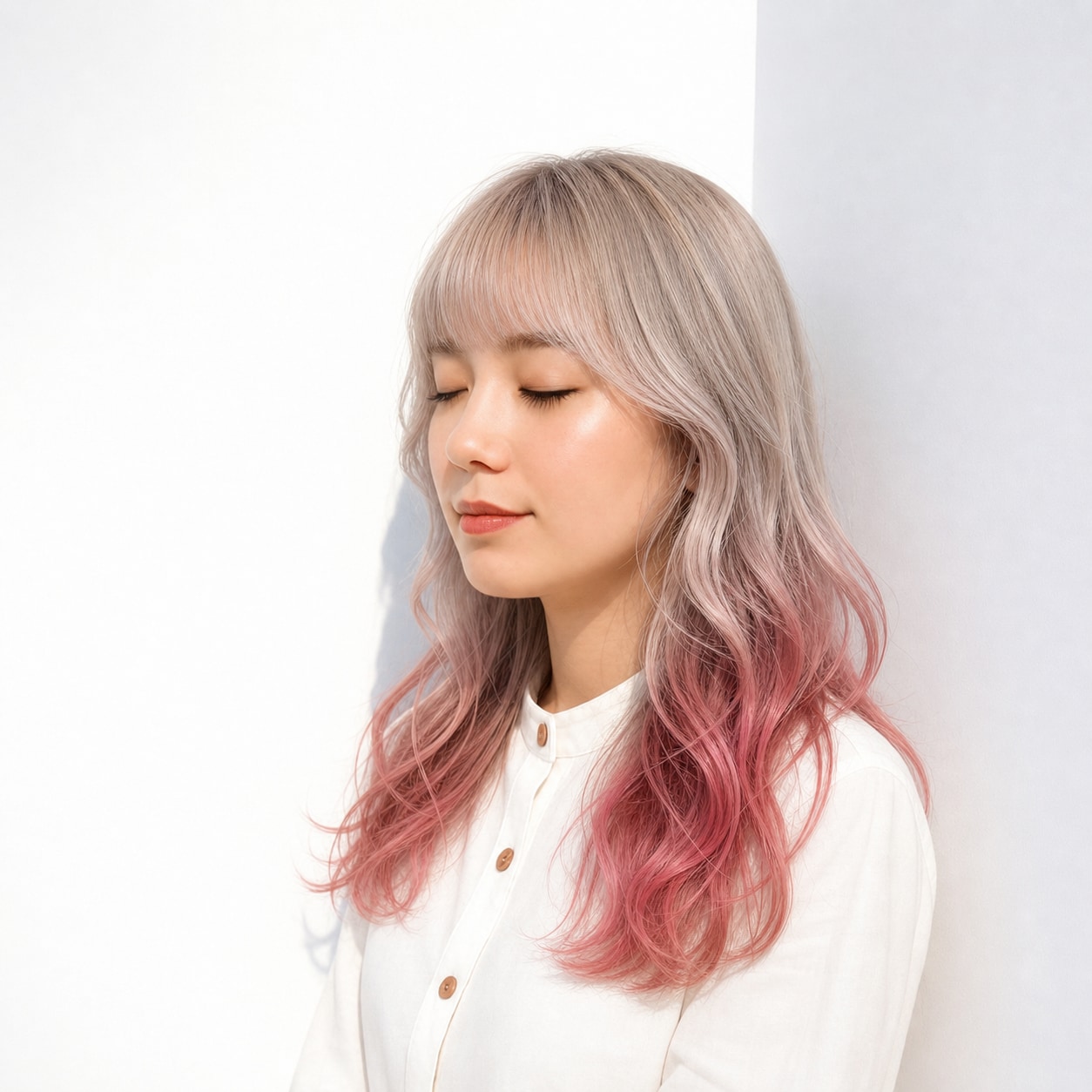 7. ピンクグラデーション×ウェーブロング: 濃いローズピンクで毛先に華やかさが出る
