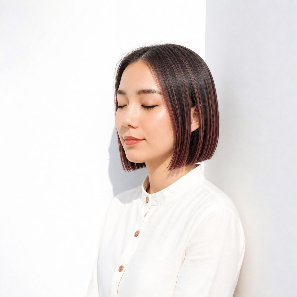 7. ピンクハイライト×ストレートボブ: 細いピンクのラインで暗めヘアに華やかさが出る