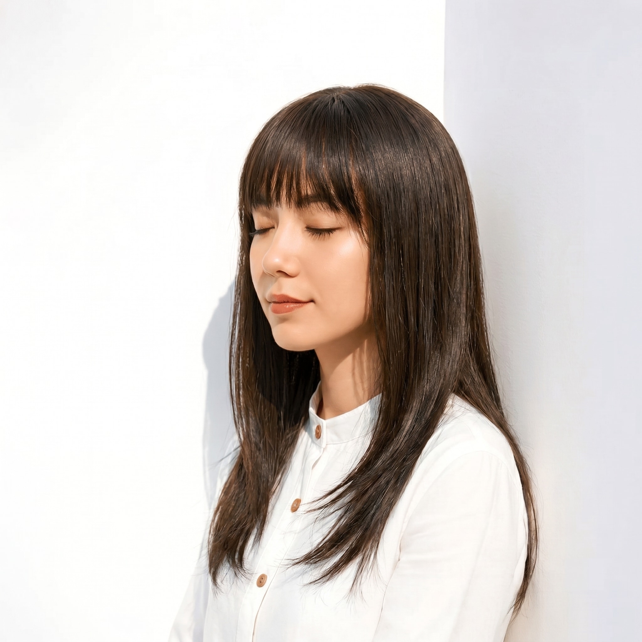 7. ブリーチなしグレーアッシュ×厚めバング: ダークトーンでクールさと落ち着きを両立