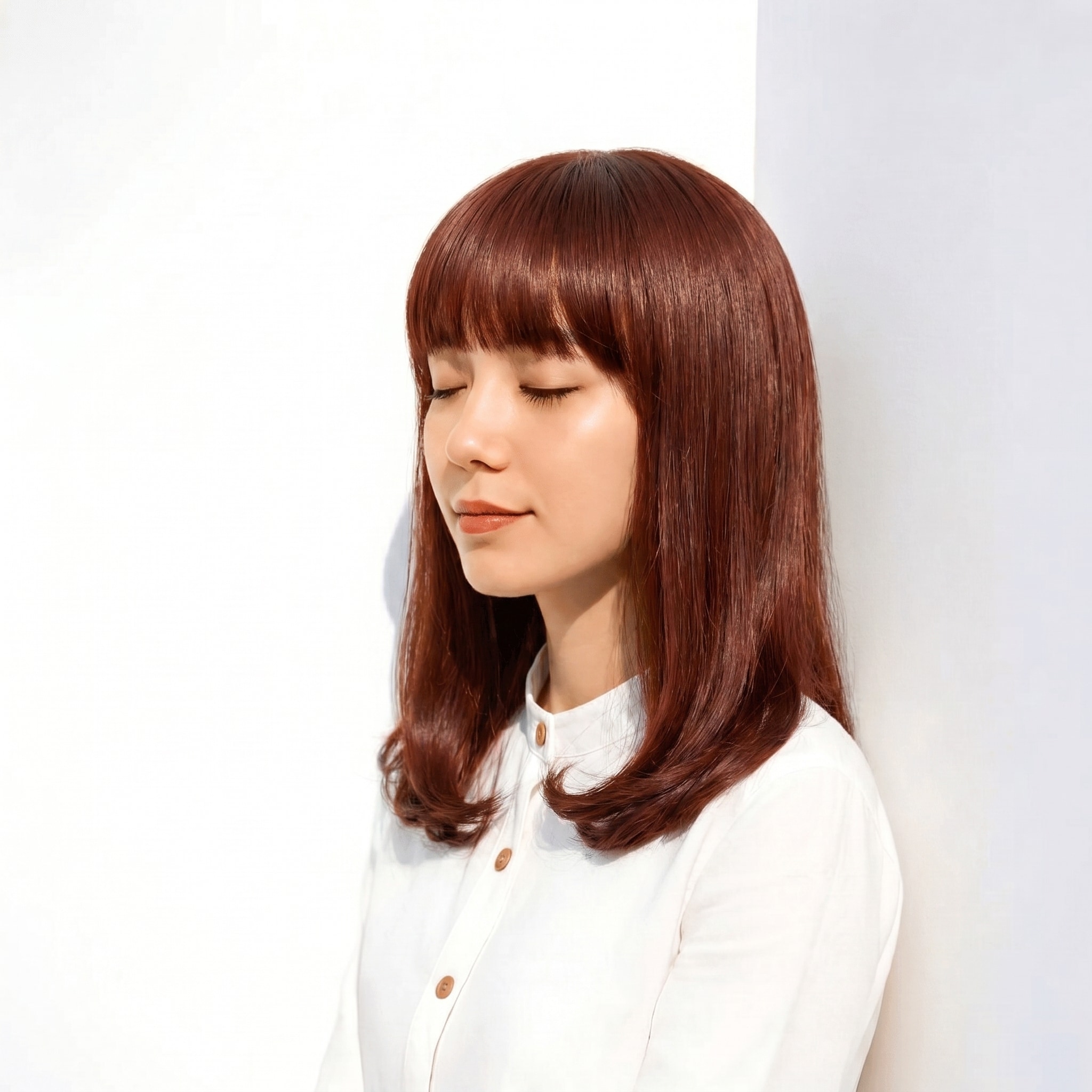 7. ブリーチなしピンク×ミディアムストレート: 柔らかな赤みが光を拾い立体感を演出