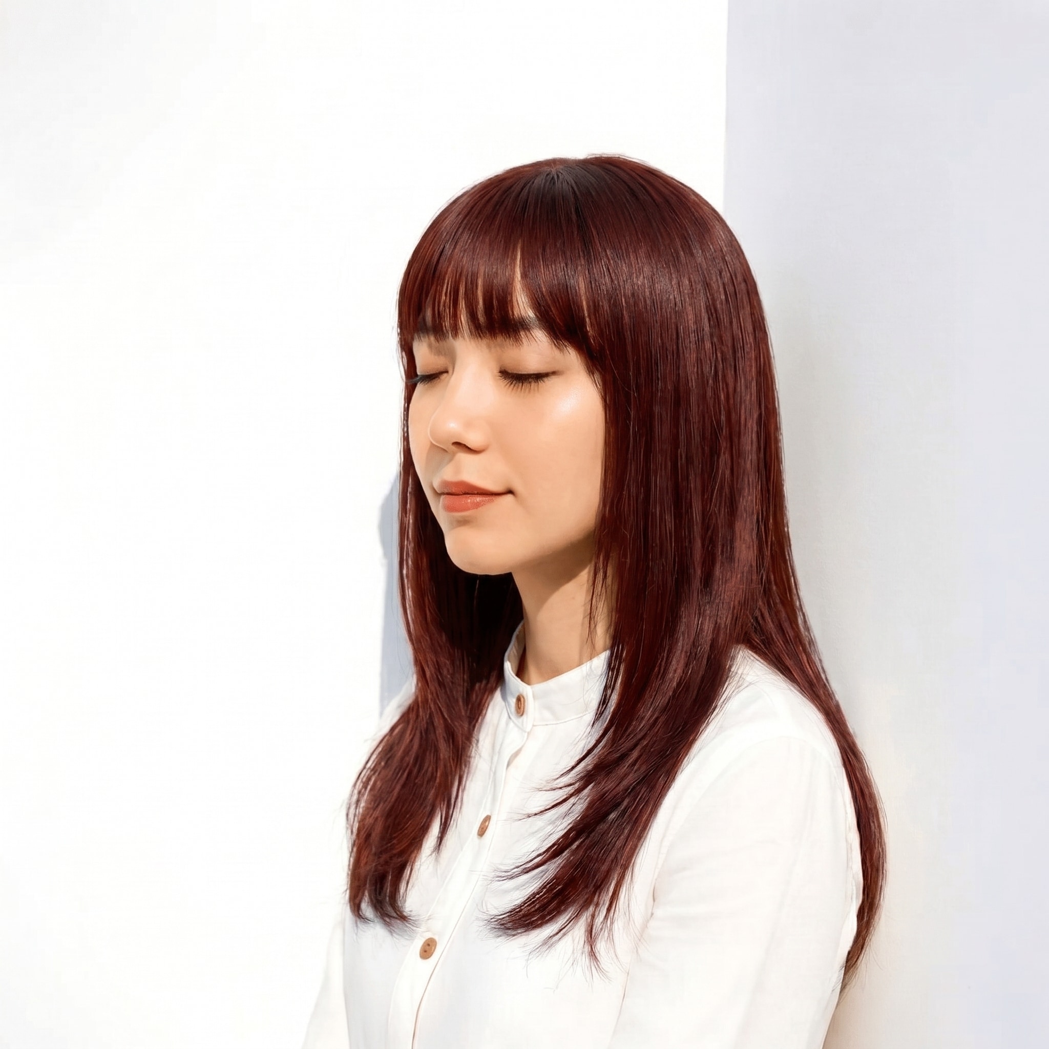7. ブリーチなしピンクベージュ×セミロングストレート: くすみを抑えたピンクブラウンでツヤを底上げ