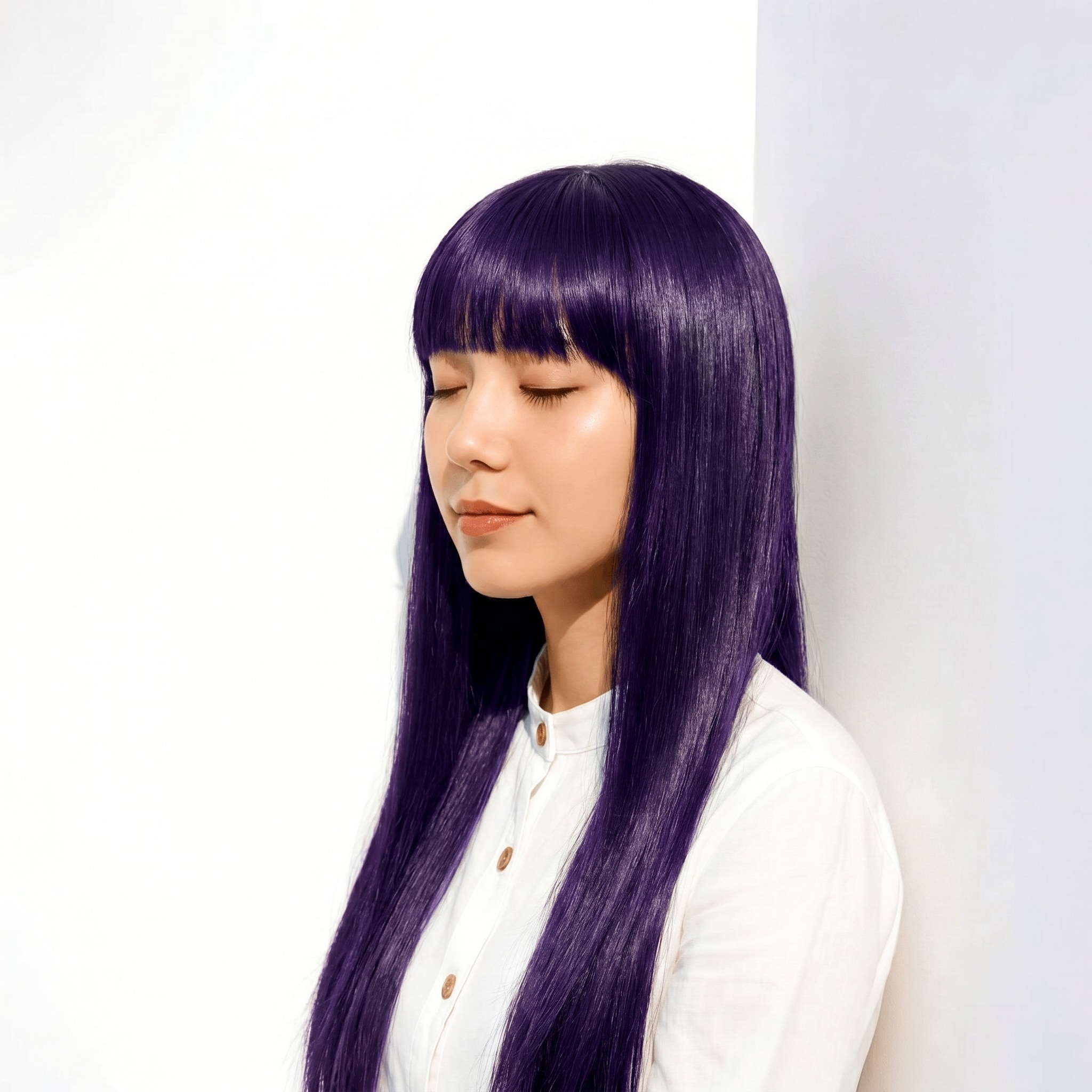 7. ブルーパープル×ロングストレート: 深みのある色で縦長シルエットを引き立てる