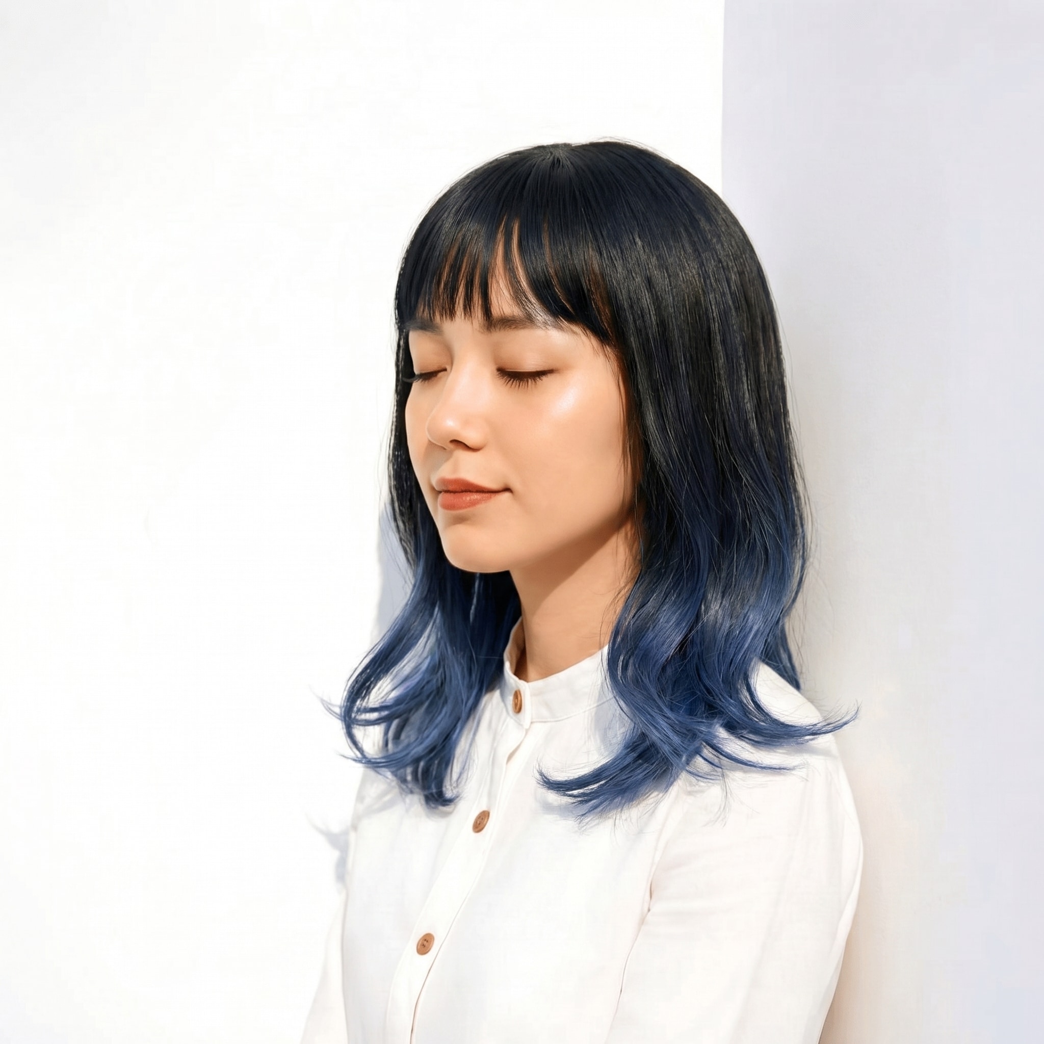 7. ブルーブラック×ミディアムストレート: ツヤと奥行きが際立つグラデーションカラー