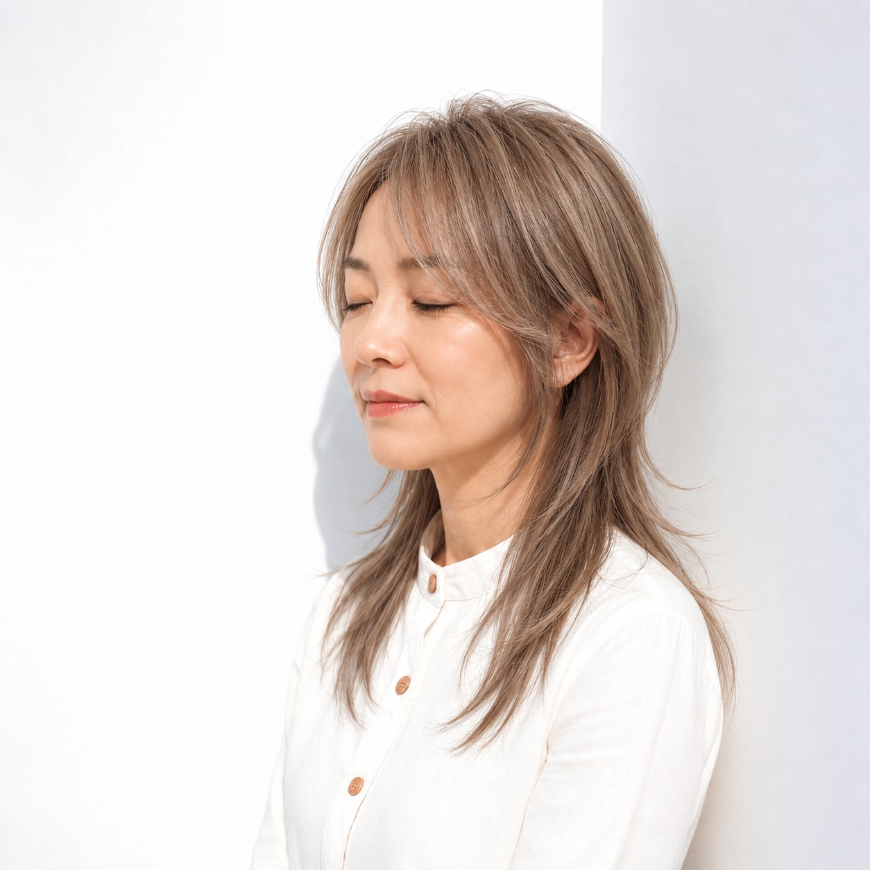 7. ベージュブラウン × ロングレイヤー：明るい色を軽い毛先に