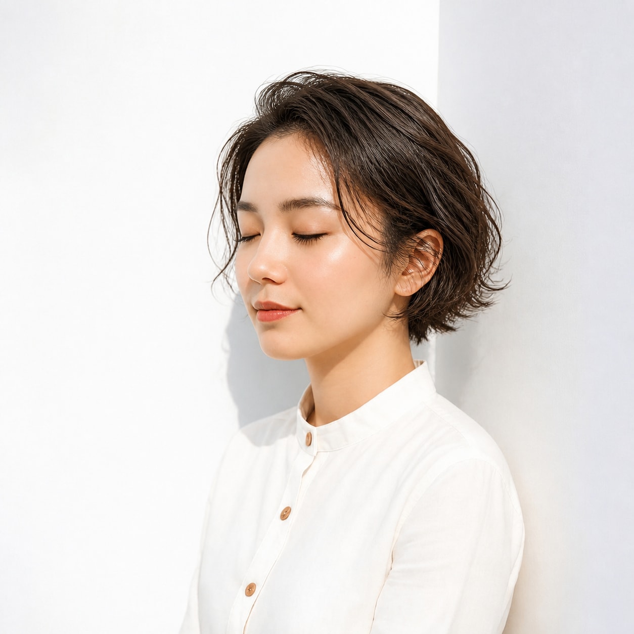 7. ボブパーマ × 前髪なし × かき上げショート：耳かけで軽快に
