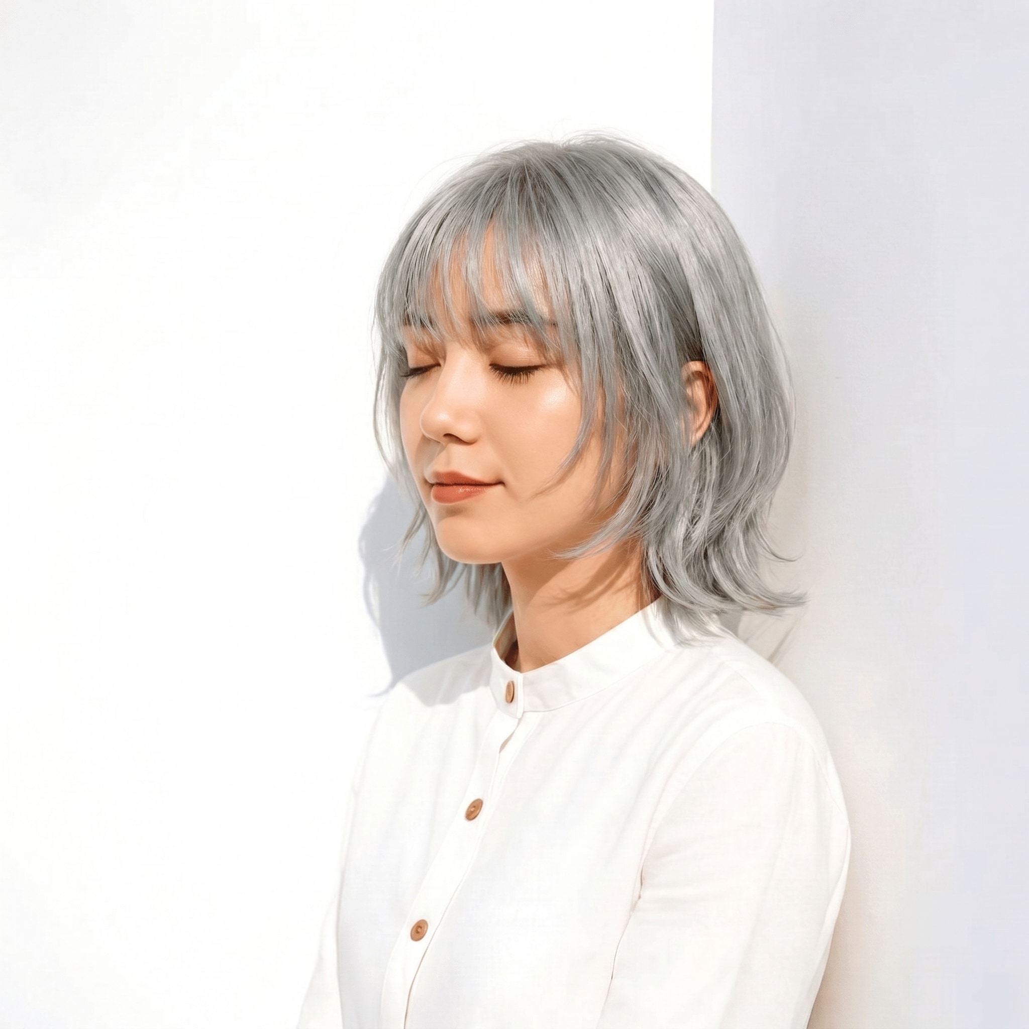 7. ホワイトグレー×ミディアムボブ: 清涼感と柔らかな影でフェイスラインをすっきり