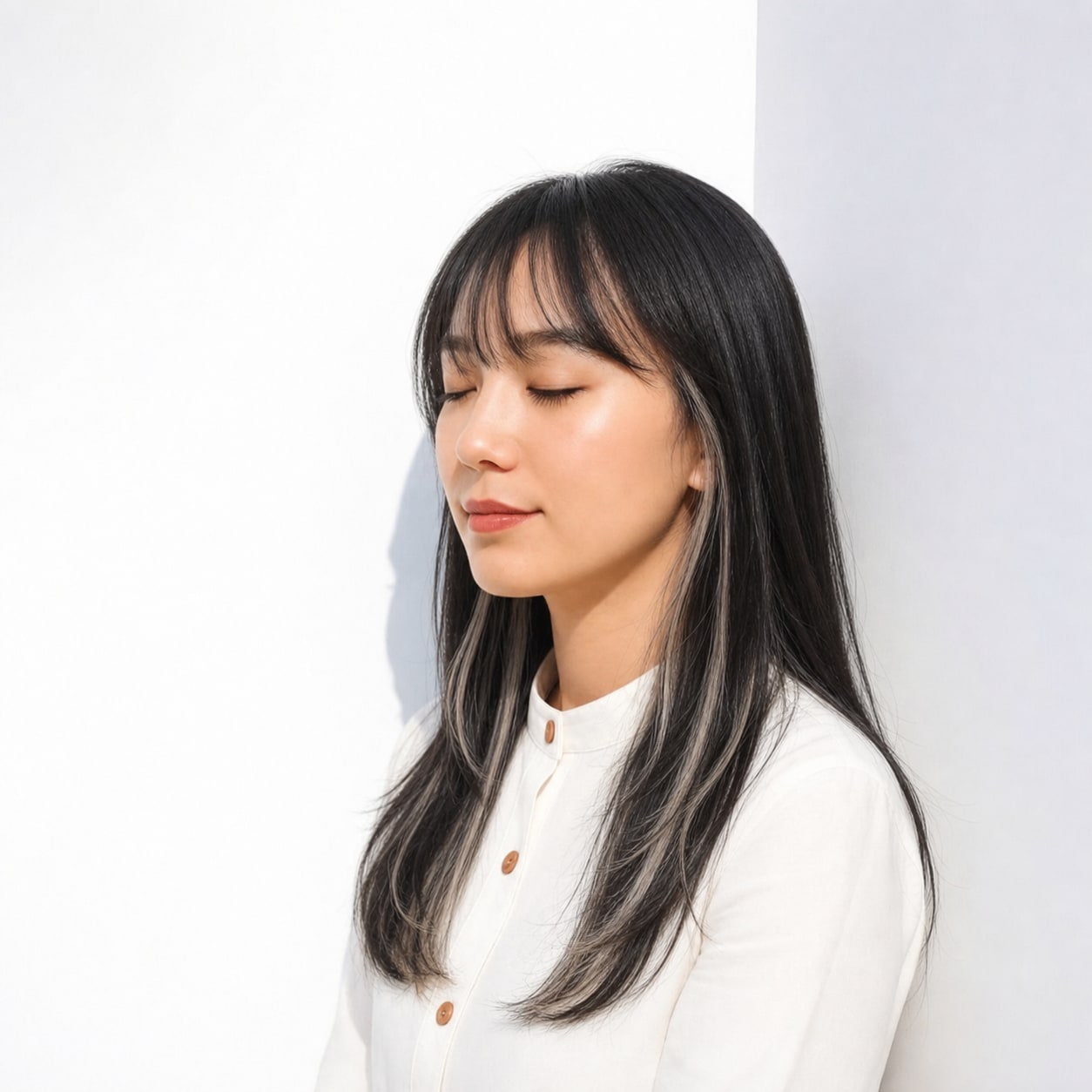 7. ホワイトメッシュ×レイヤーロング: 白いラインでウェーブの動きが引き立つ