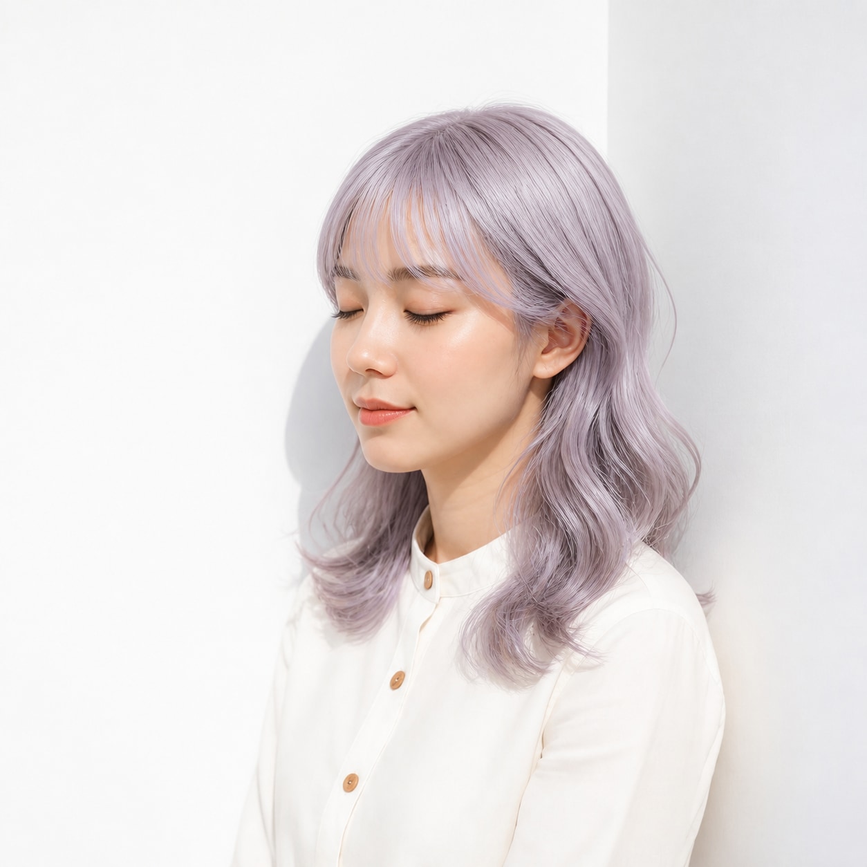 7. ホワイトラベンダー × ゆるウェーブ：カールに淡い紫がなじむ