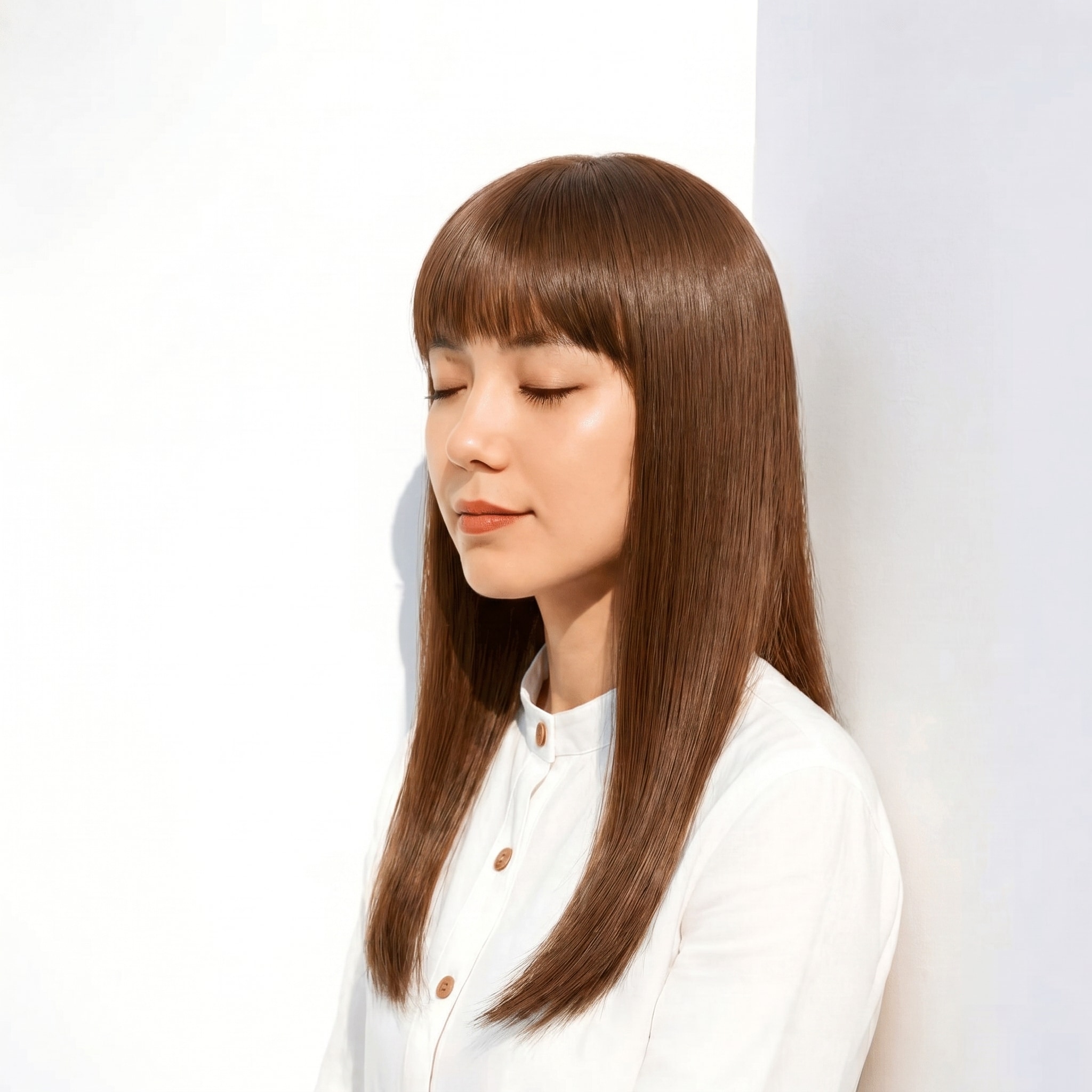 7. マロンベージュ×上品ストレート: 厚めバングでシンプルなツヤを演出