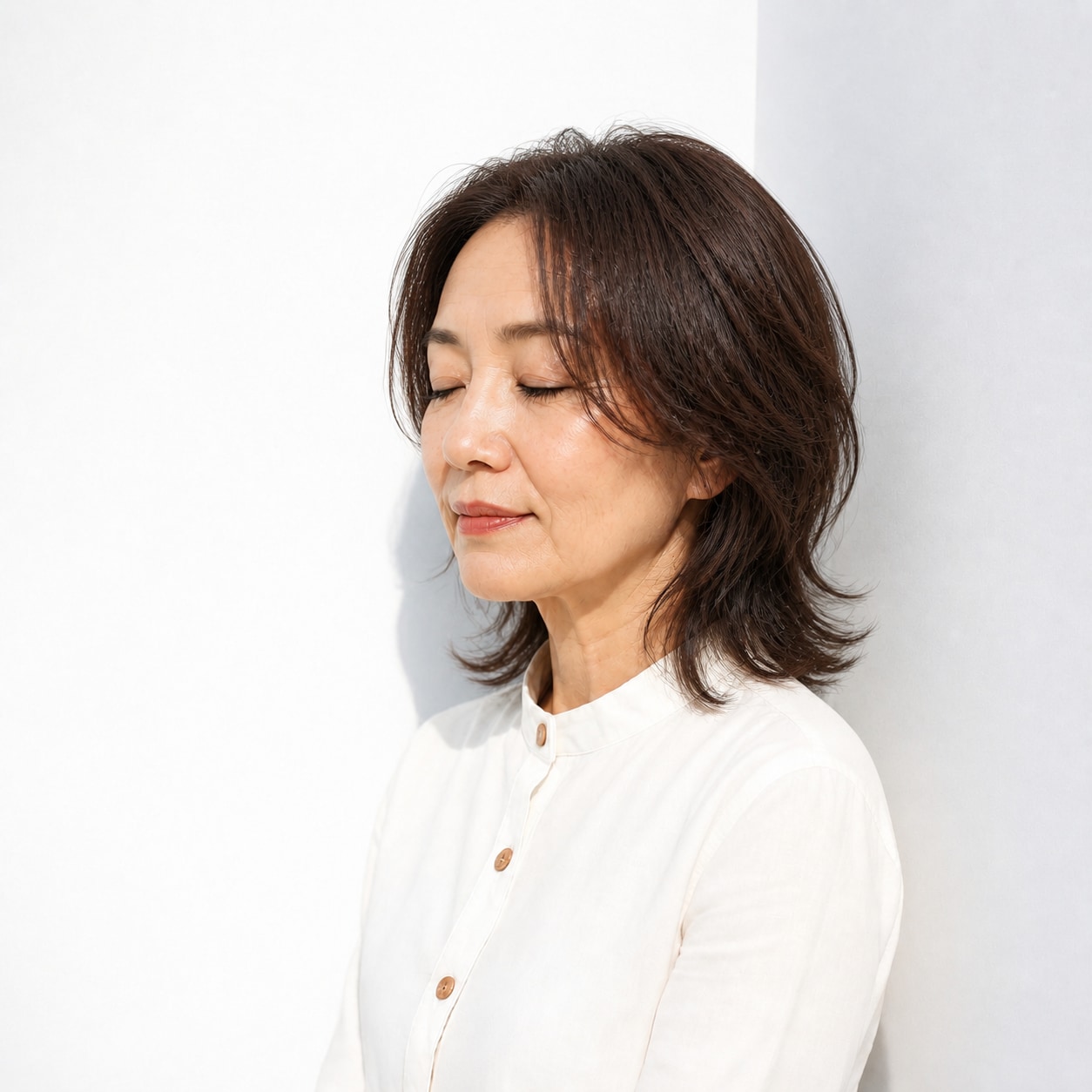 7. ミディアムウルフ × かき上げ前髪：60代を大人っぽく
