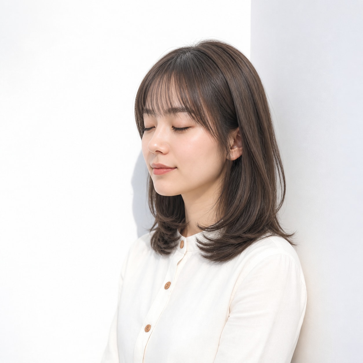 7. ミディアムレイヤー × 前髪あり × 重めシルエット：軽い段があっても先端が薄くなりすぎず、まとまりが保てます