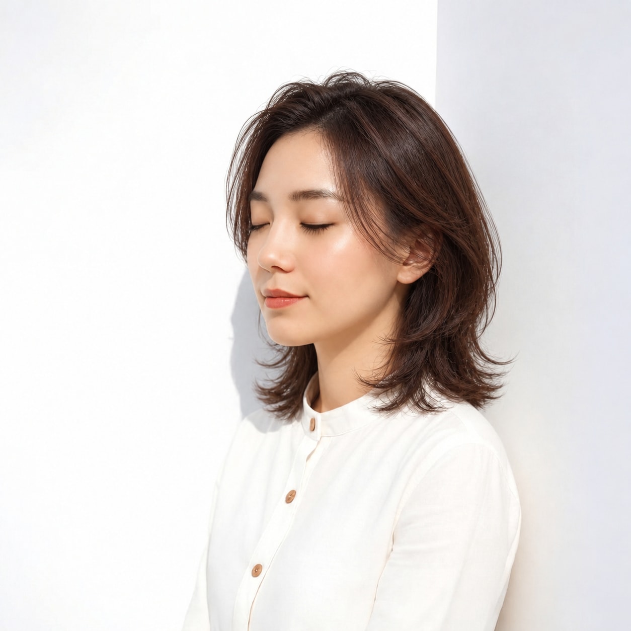 7. ミディアムレイヤー × 前髪なし × 重めシルエット：軽い段があっても先端が薄くなりすぎず、まとまりが保てます
