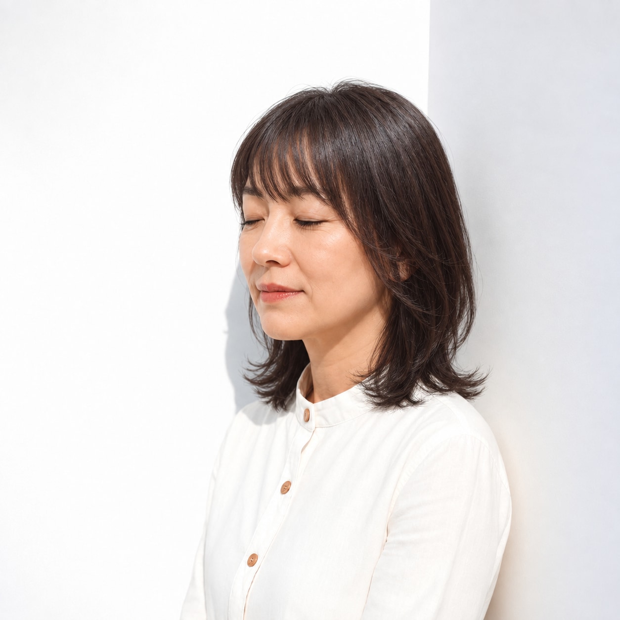 7. ミディアムレイヤー × 前髪あり × 重めシルエット：軽い段があっても先端が薄くなりすぎず、まとまりが保てます