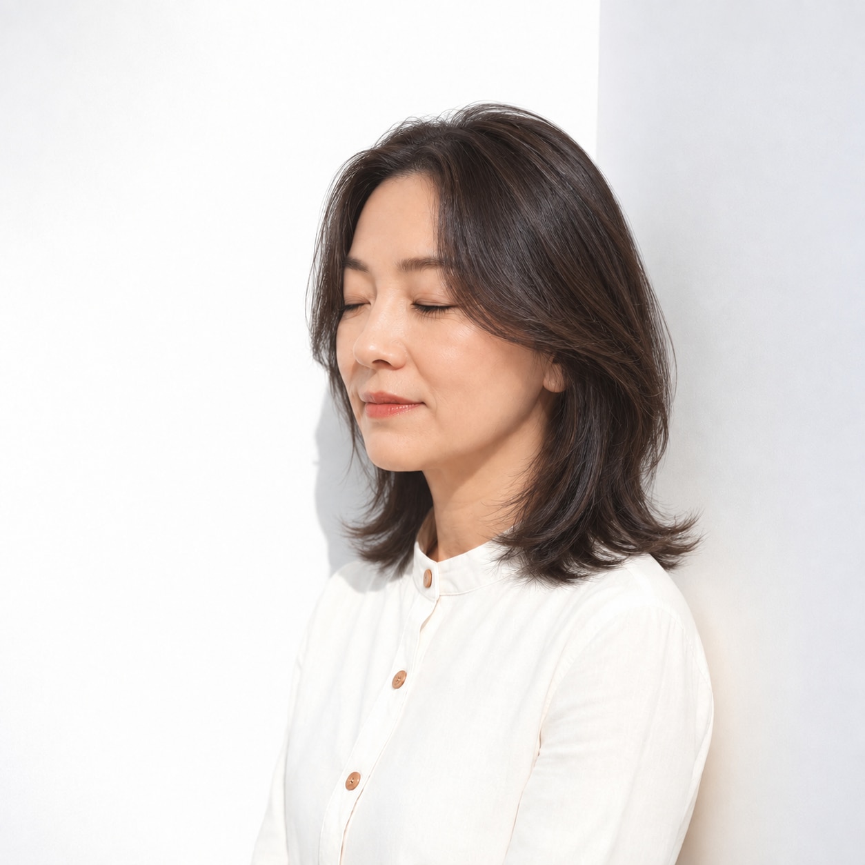 7. ミディアムレイヤー × 前髪なし × 重めシルエット：軽い段があっても先端が薄くなりすぎず、まとまりが保てます