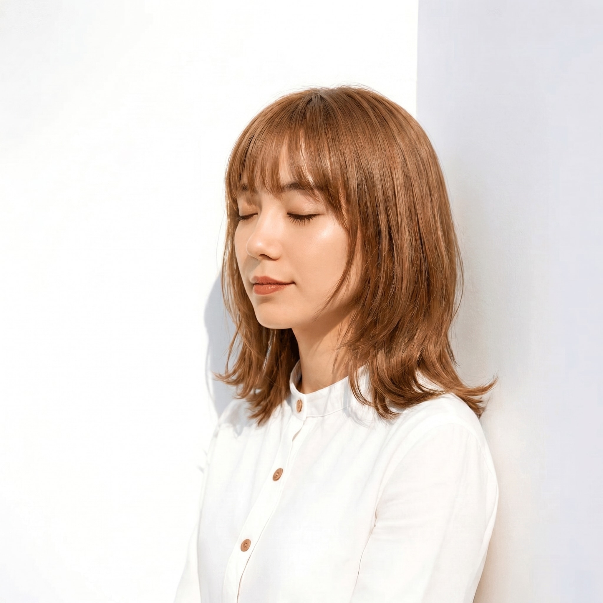 7. ライトブラウン×ミディアムレイヤー: 軽やかな動きと自然なツヤで親しみやすさを演出