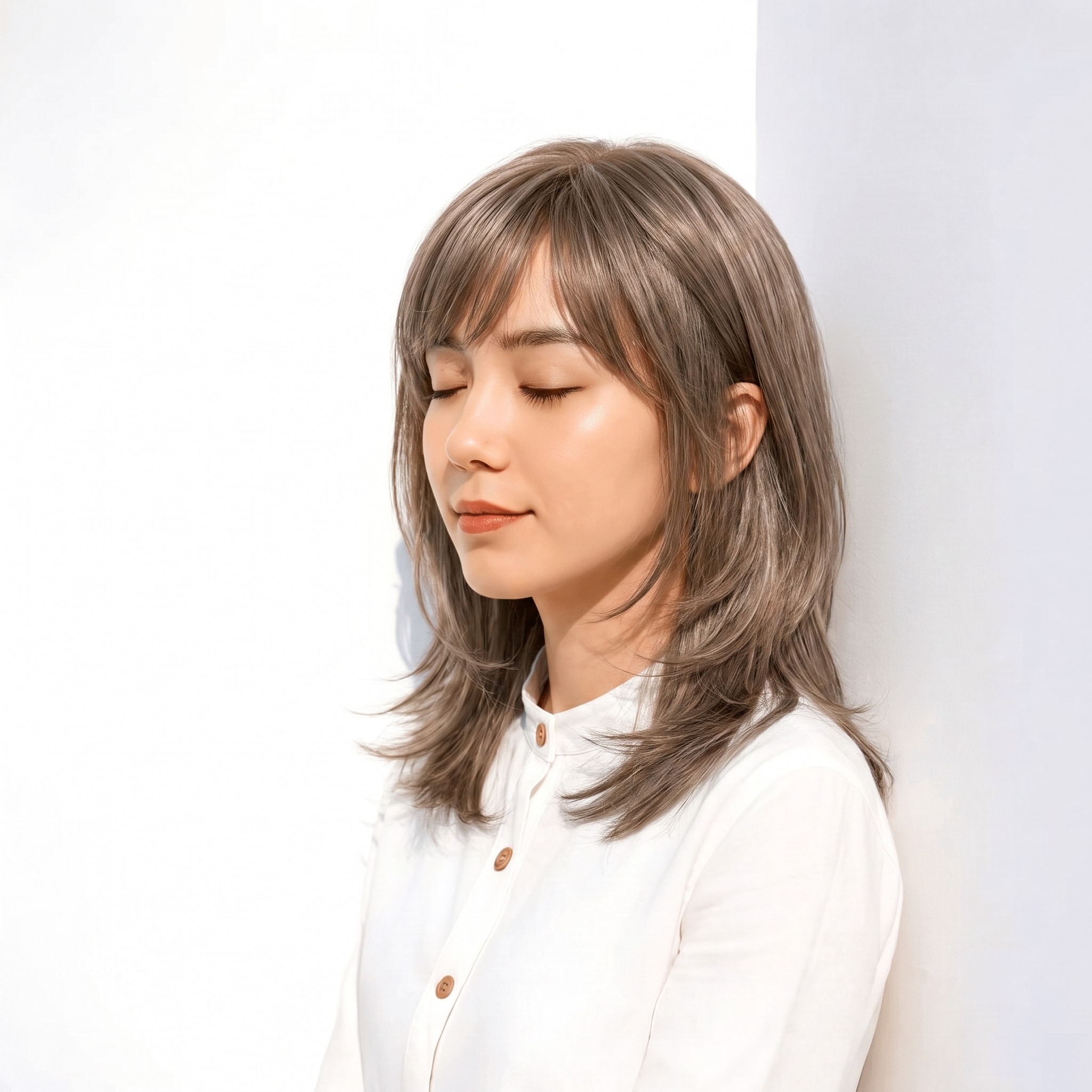 7. ライトベージュ×外ハネミディアム: グレーを多めに含むベージュでミディアムが落ち着く