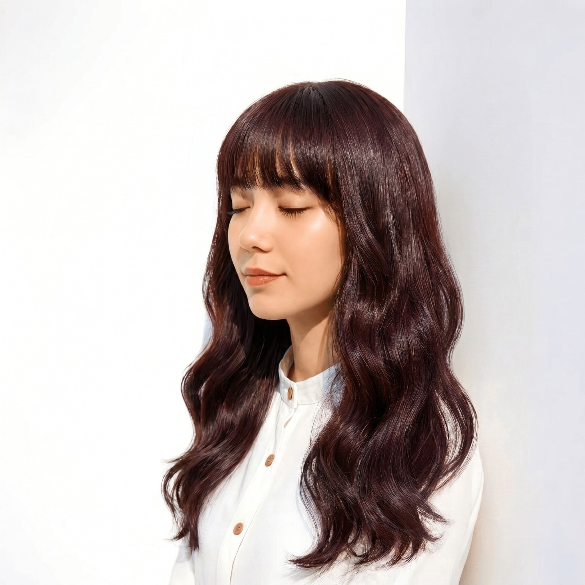 7. ラベンダーグレージュ×ロングウェーブ: 深みのあるツヤで落ち着きと軽やかさを演出