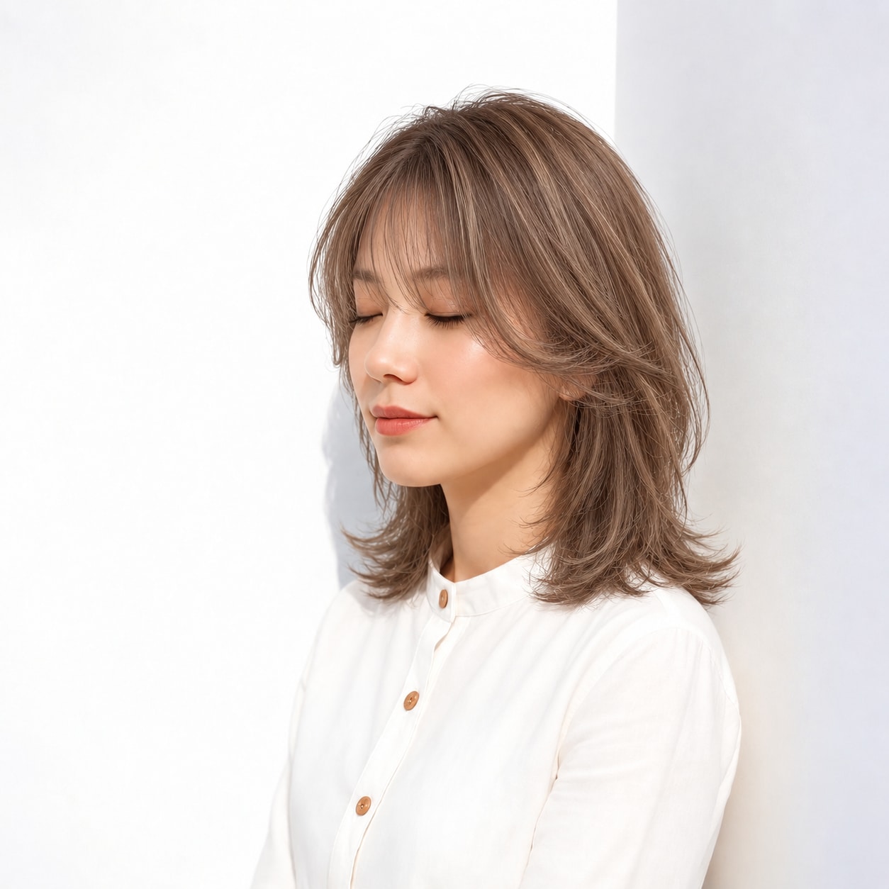 レイヤーミディアム × 透け感のある前髪：軽やかな抜け感