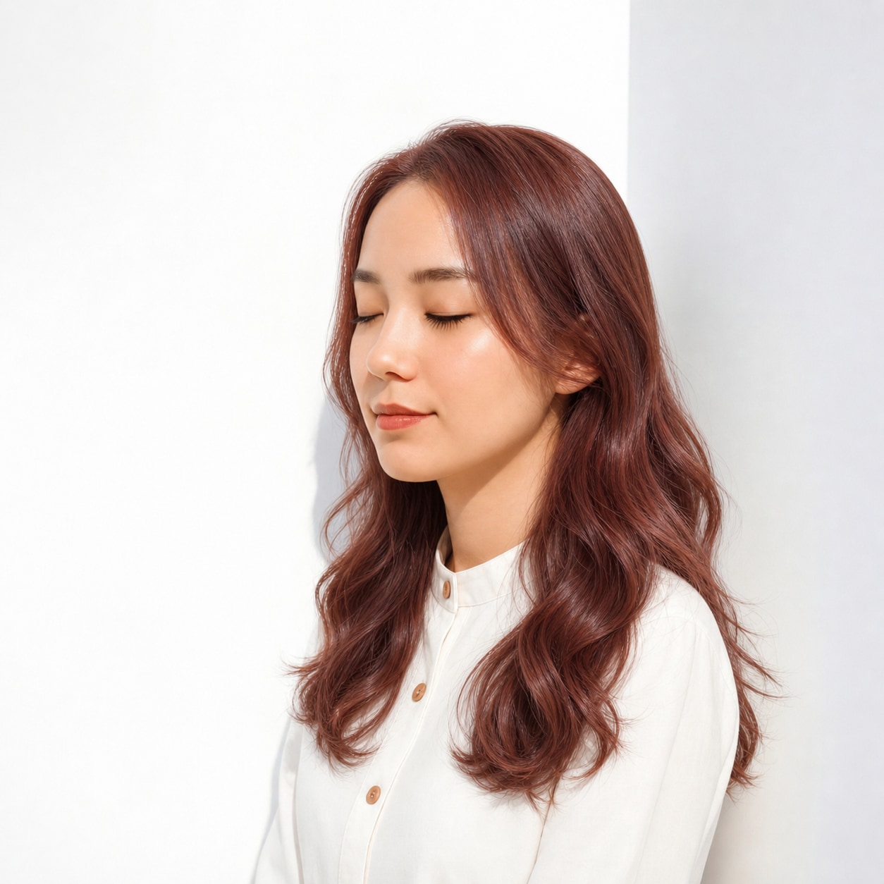 7. レッドブラウン×ブリーチなし×ウェーブロング: ブラウン寄りの発色で日常になじみやすい