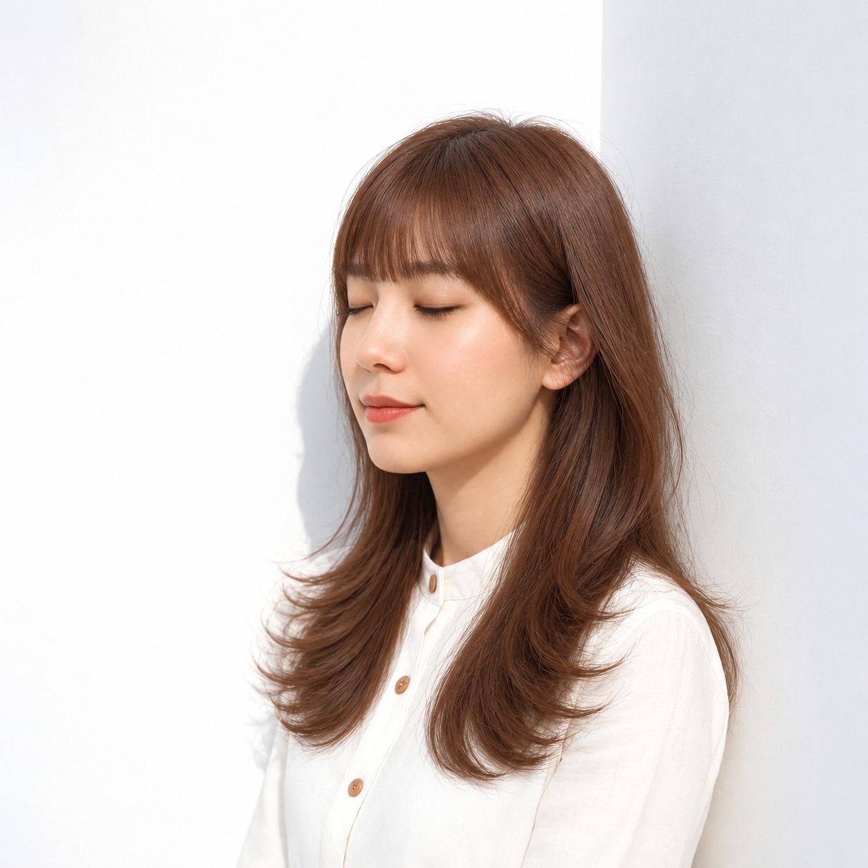 7. ロングヘア × 栗色ブラウン：ふっくらした前髪で愛らしい目元に